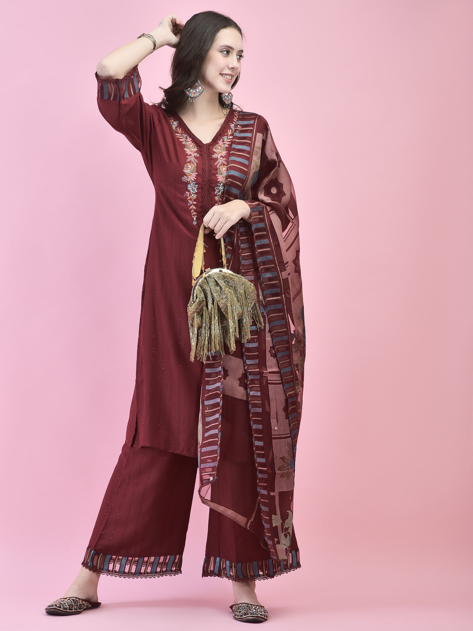 Women Poly Viscose Maroon Embroidered Kurta Wide Pant Dupatta