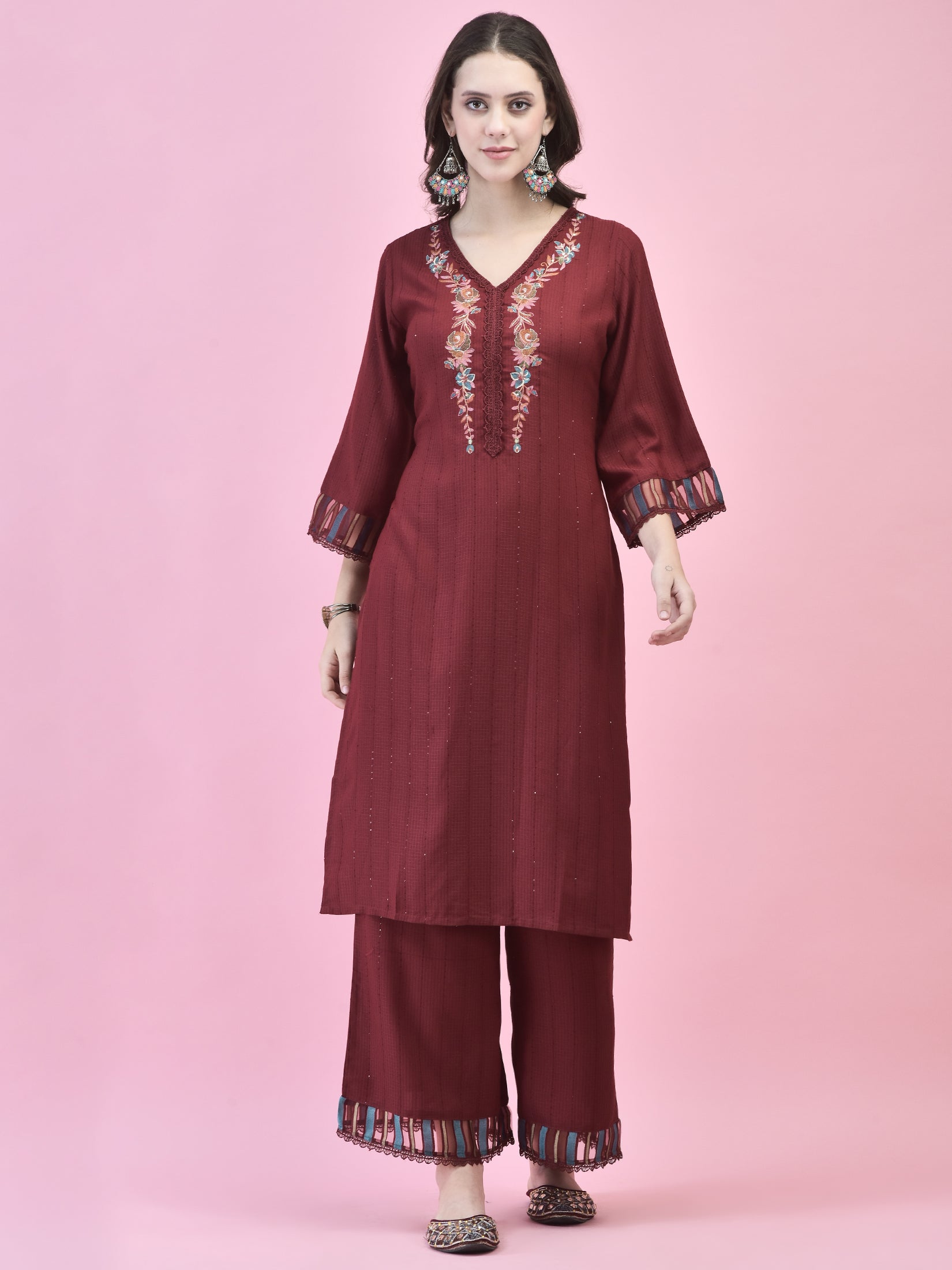 Women Poly Viscose Maroon Embroidered Kurta Wide Pant Dupatta