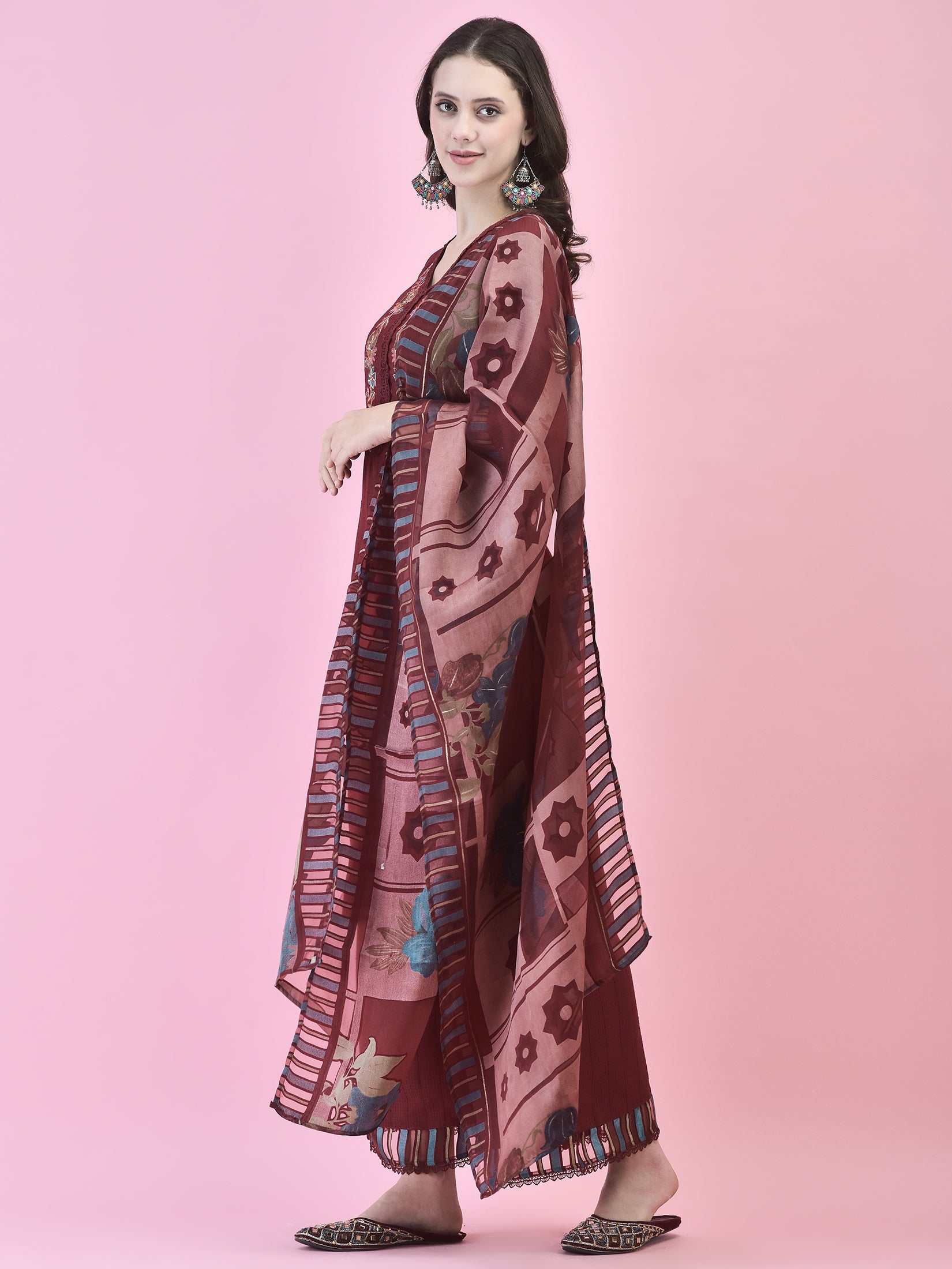 Women Poly Viscose Maroon Embroidered Kurta Wide Pant Dupatta