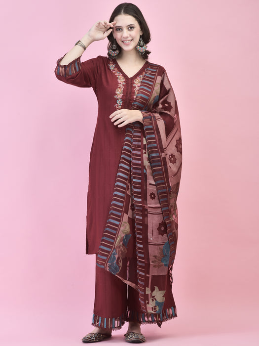 Women Poly Viscose Maroon Embroidered Kurta Wide Pant Dupatta