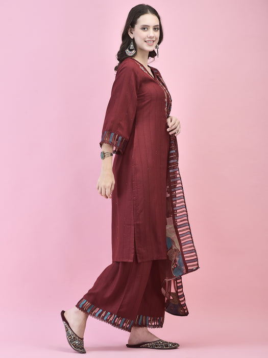 Women Poly Viscose Maroon Embroidered Kurta Wide Pant Dupatta