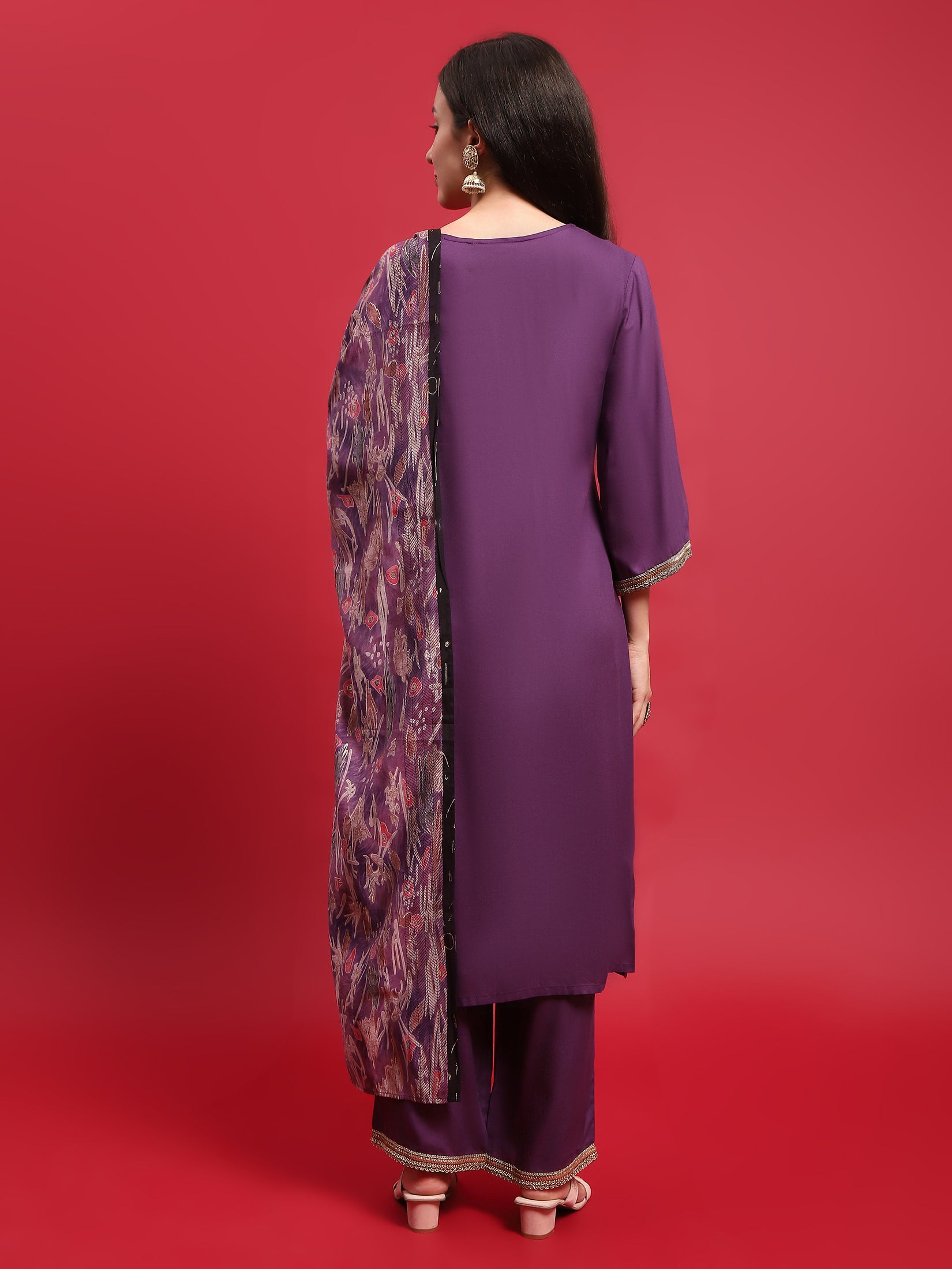 Women Liva (Rayon) Purple Embroidered Kurta Comfort Pant Dupatta