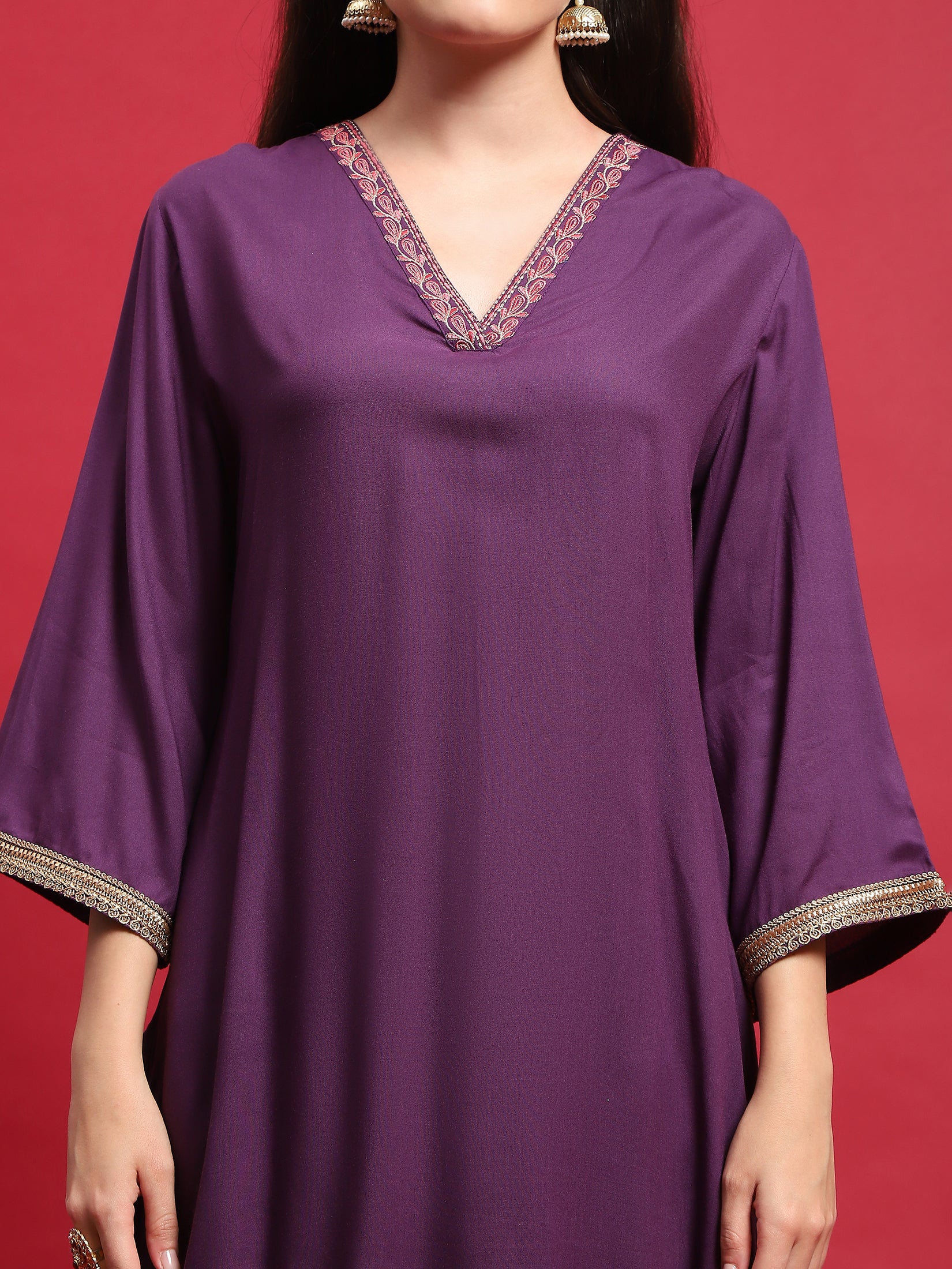 Women Liva (Rayon) Purple Embroidered Kurta Comfort Pant Dupatta