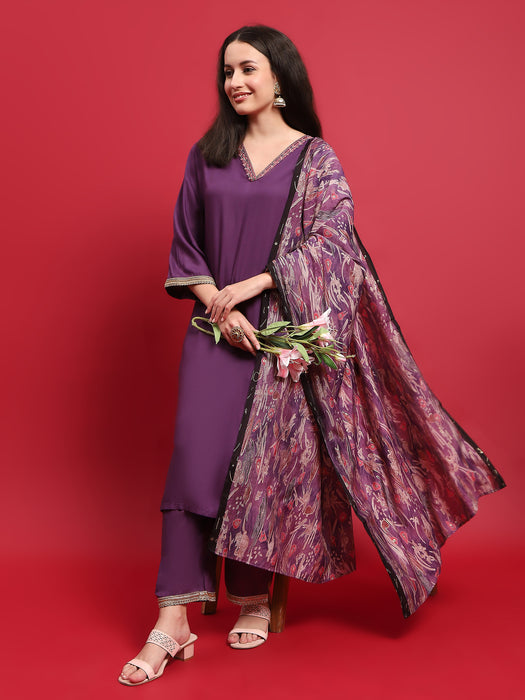 Women Liva (Rayon) Purple Embroidered Kurta Comfort Pant Dupatta