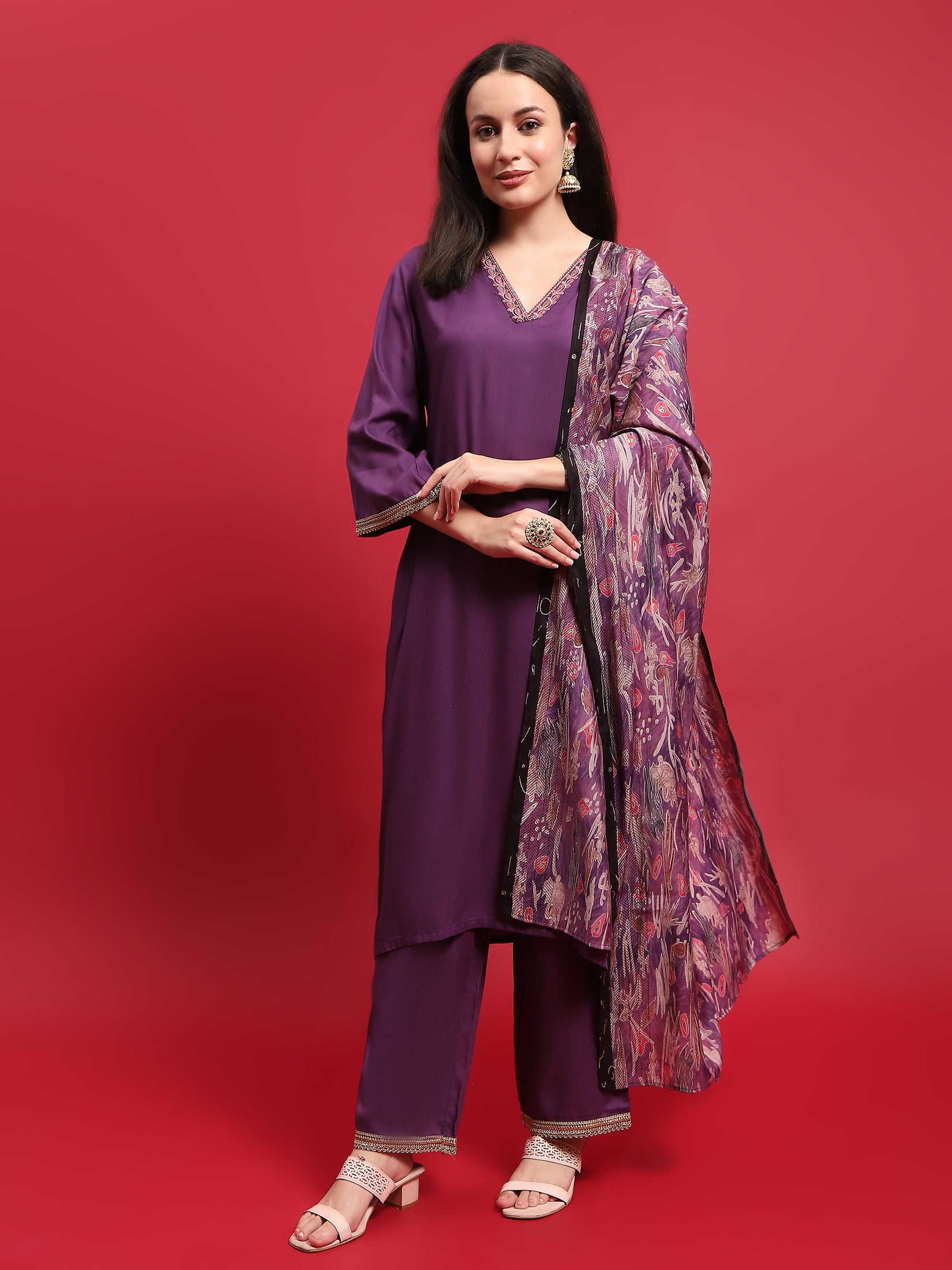 Women Liva (Rayon) Purple Embroidered Kurta Comfort Pant Dupatta