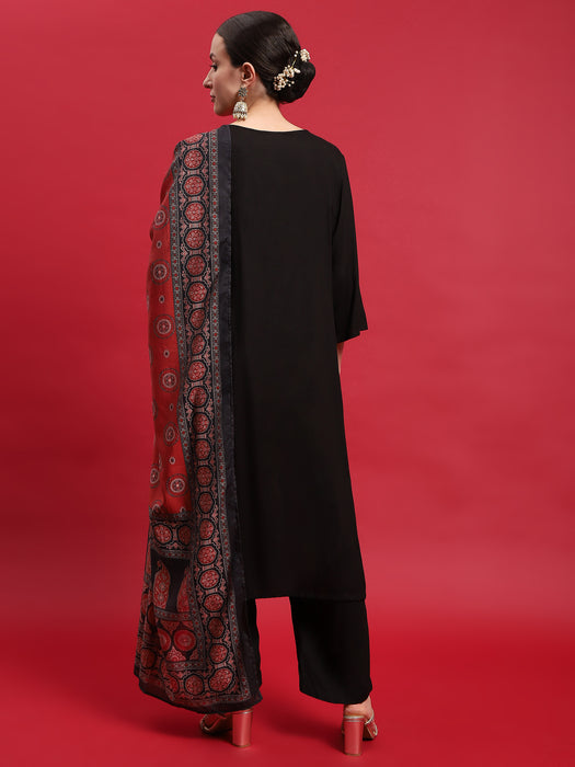 Women Viscose Black Solid Kurta Comfort Pant Dupatta