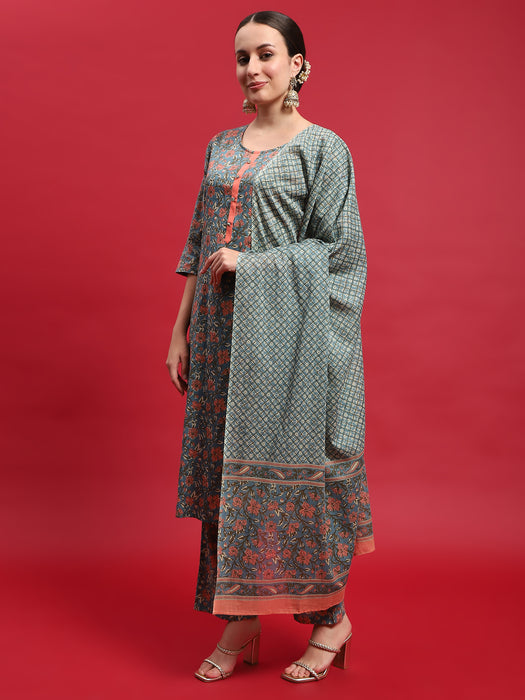 Women Cotton Multicolor Floral Print Kurta Comfort Pant Dupatta