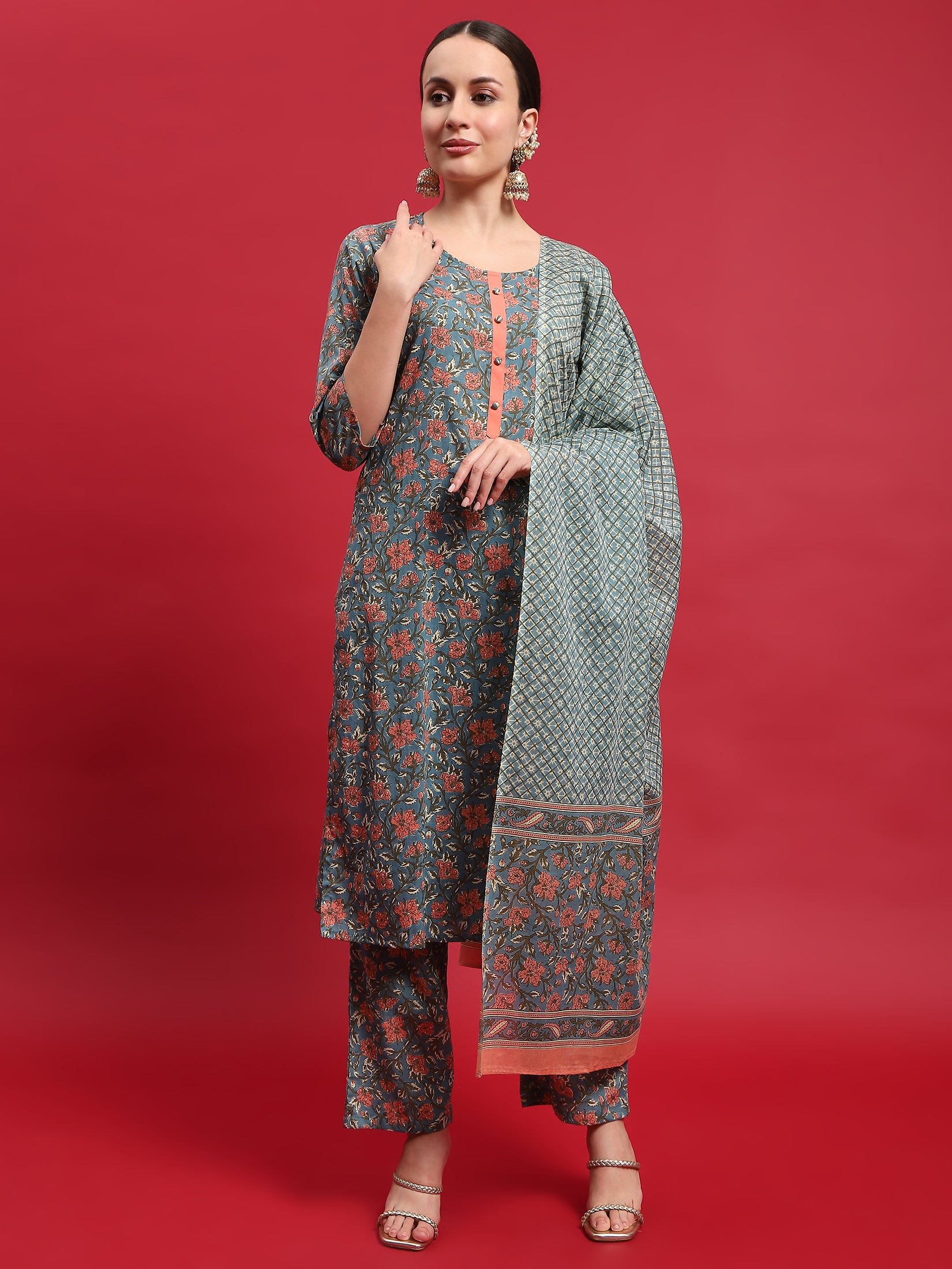 Women Cotton Multicolor Floral Print Kurta Comfort Pant Dupatta