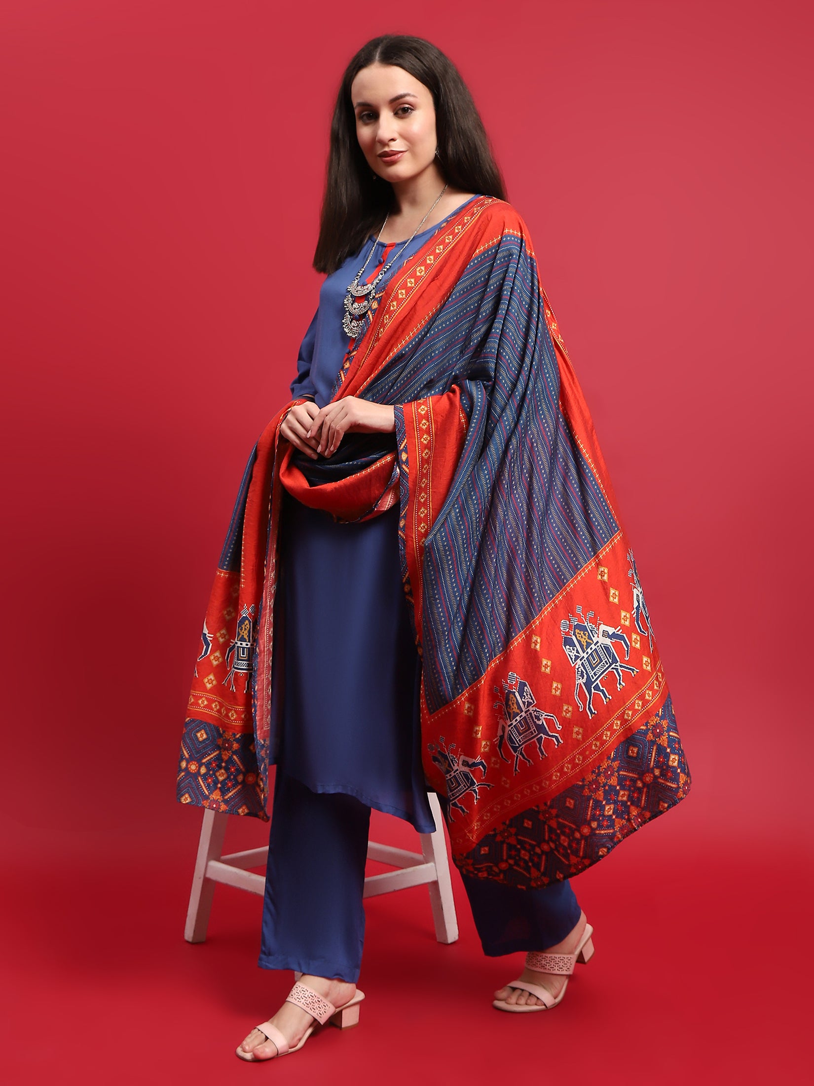 Women Viscose Blue Solid Kurta Comfort Pant Dupatta