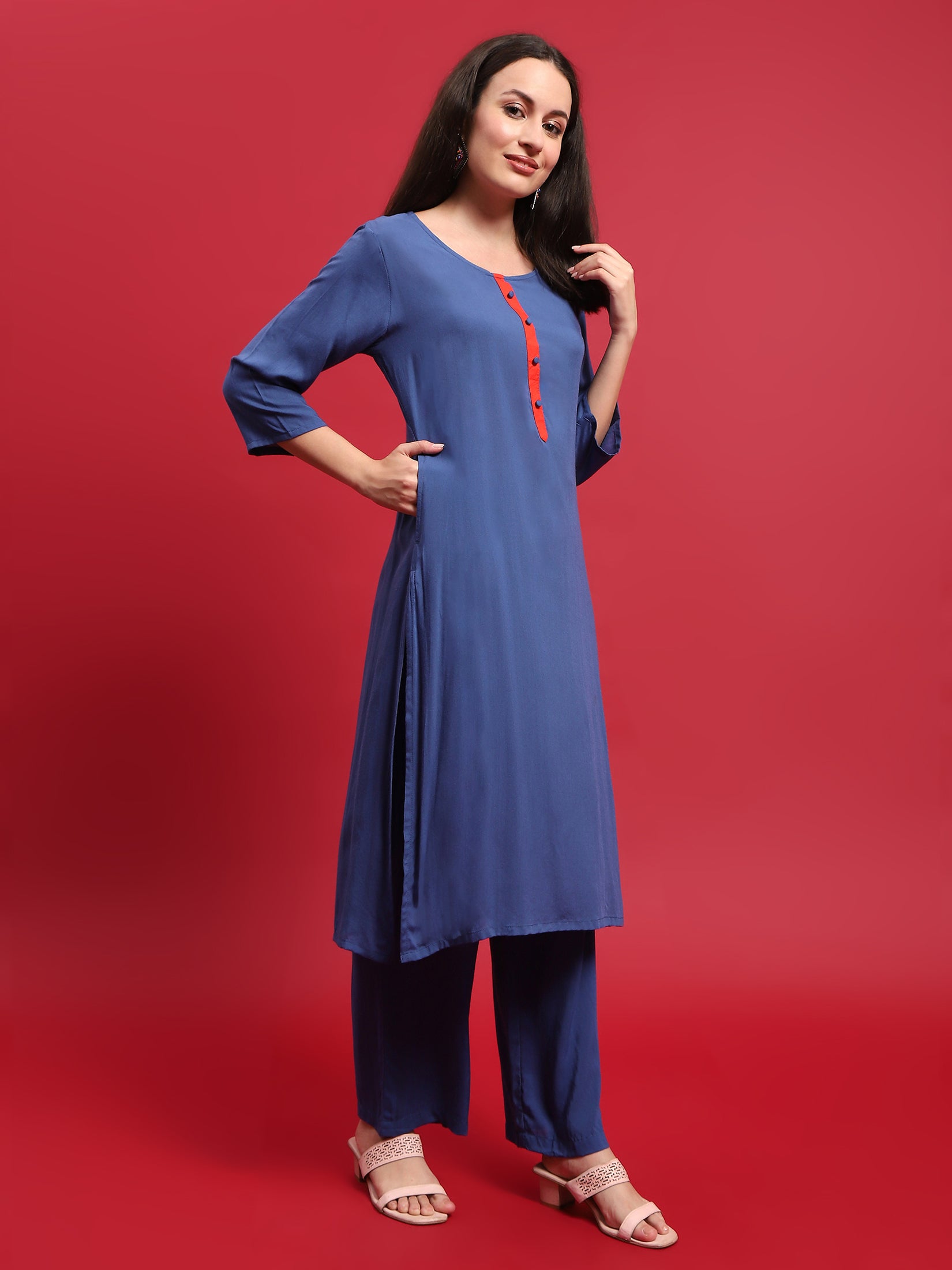 Women Viscose Blue Solid Kurta Comfort Pant Dupatta