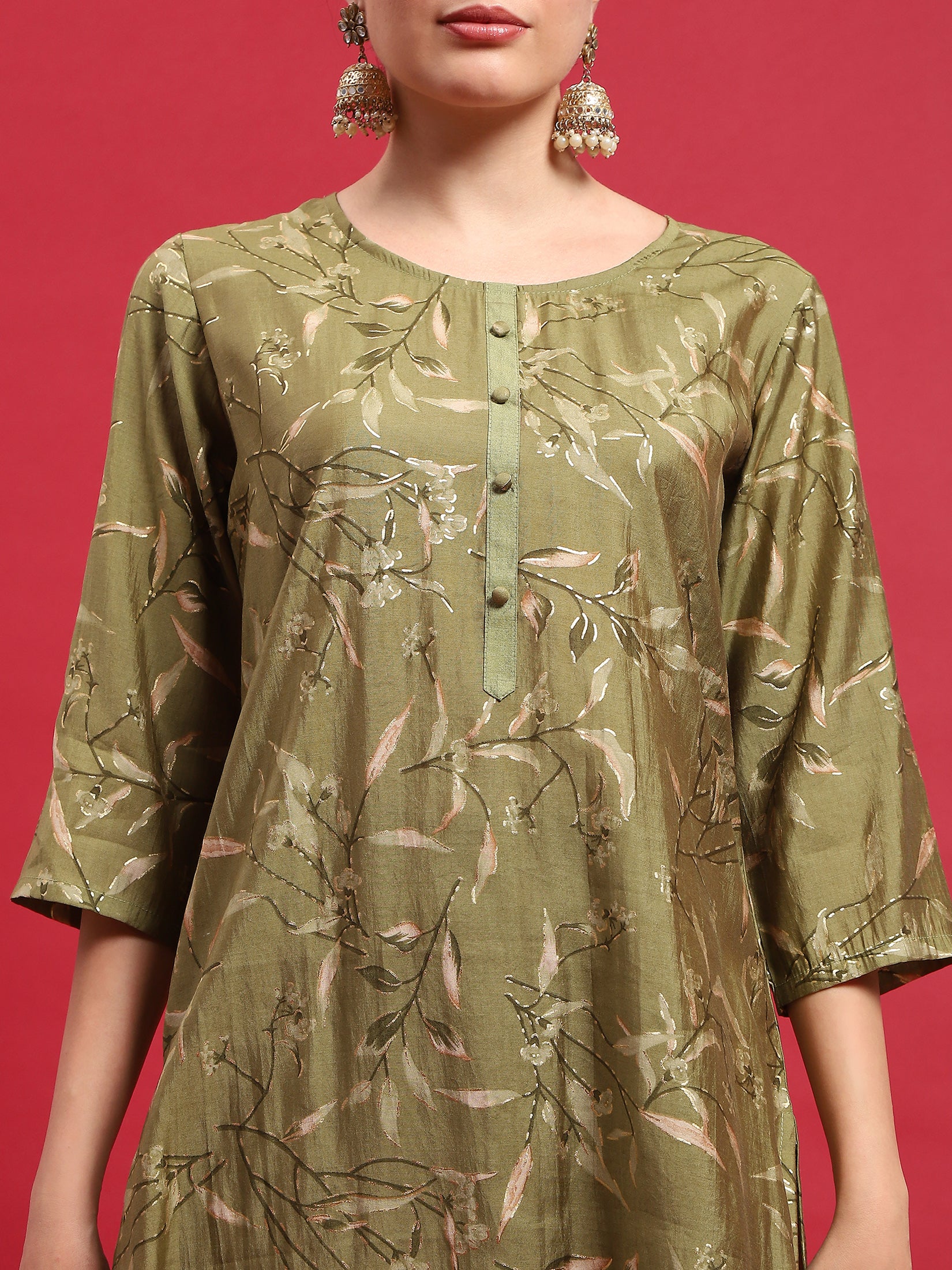 Women Muslin Green Floral Print Kurta Comfort Pant Dupatta