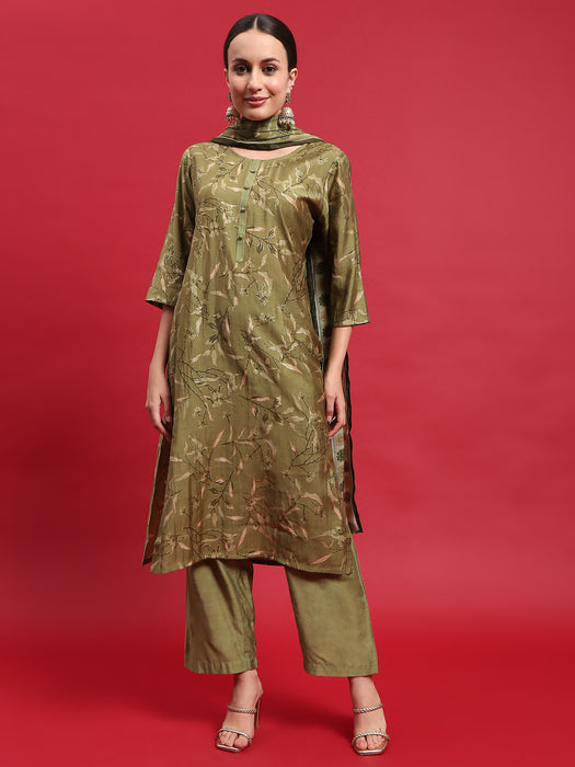 Women Muslin Green Floral Print Kurta Comfort Pant Dupatta