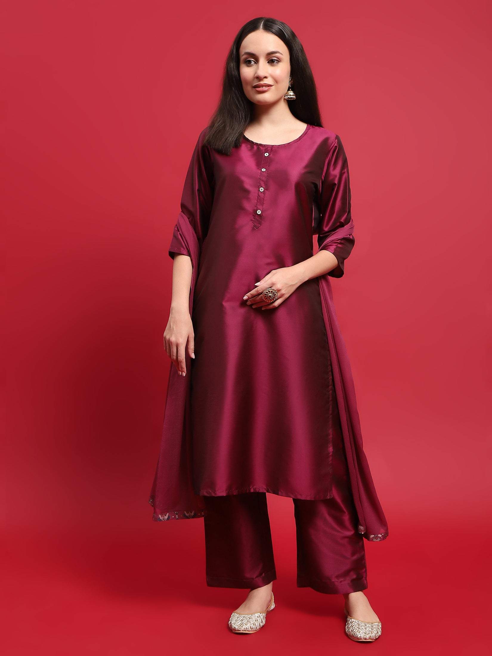 Women Polyester Purple Solid Kurta Comfort Pant Dupatta