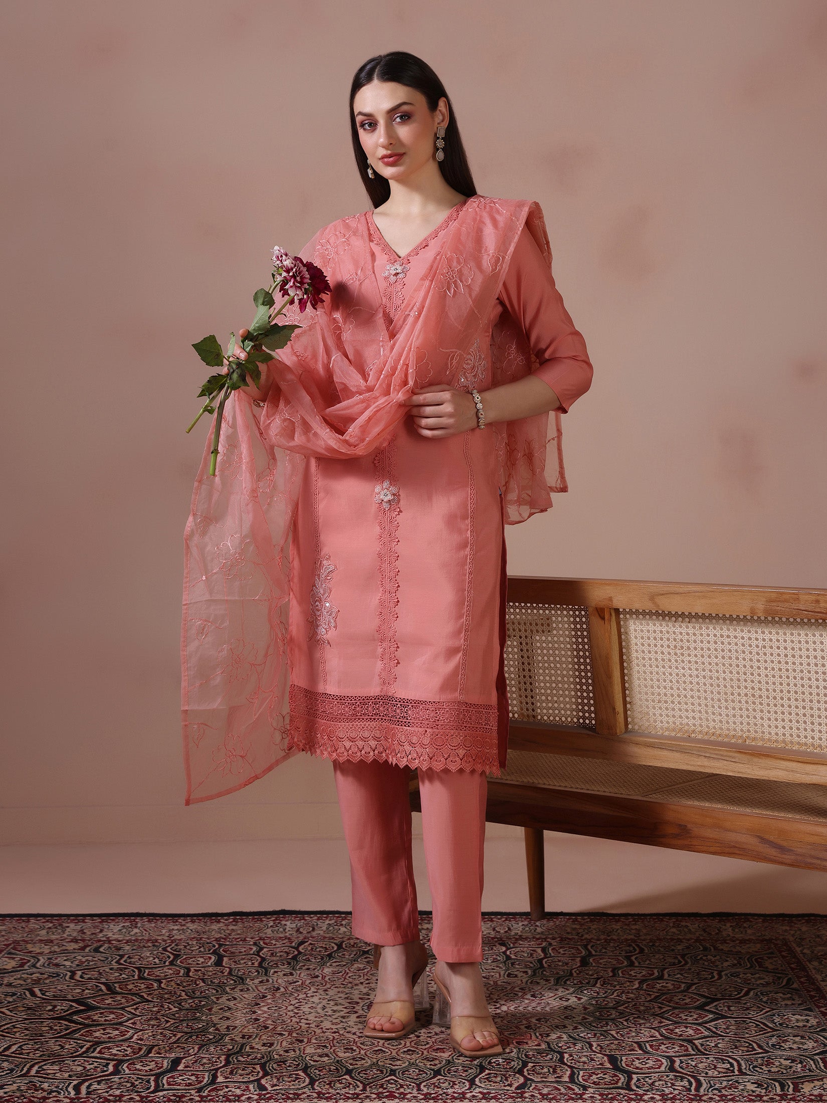 Women Mul Chanderi Peach Embroidered Kurta Trouser Dupatta