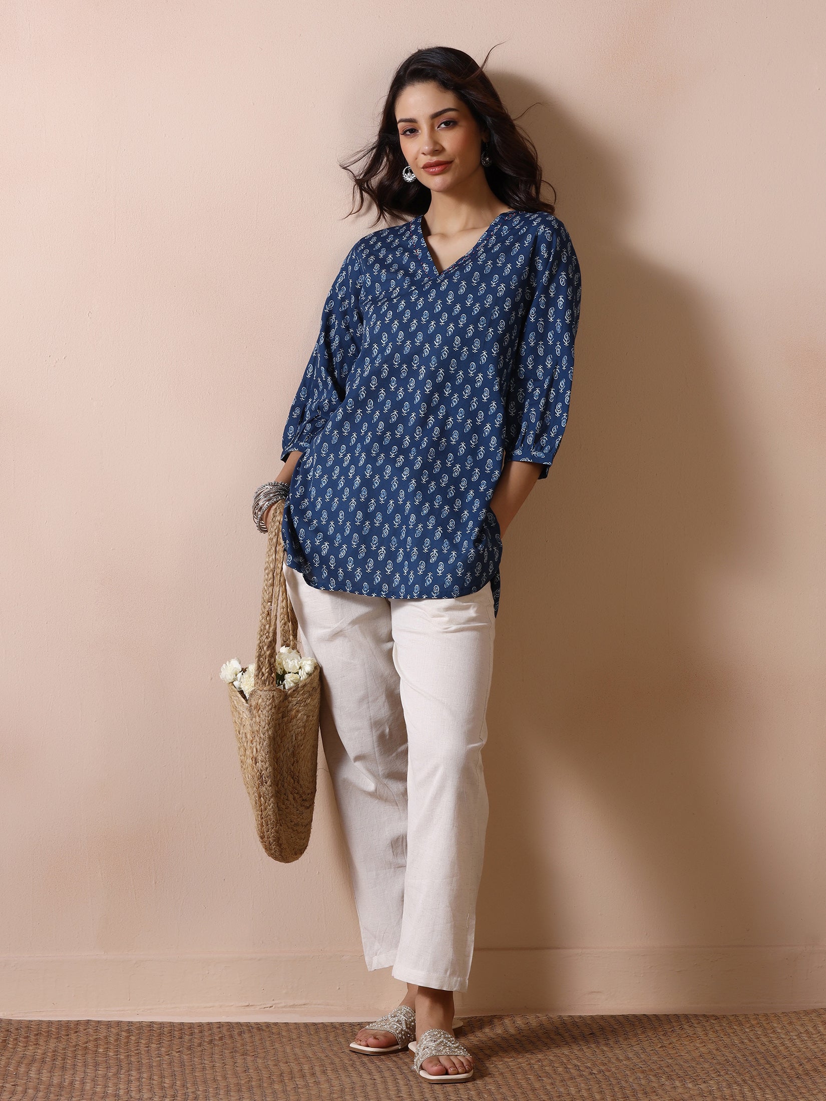 Women Cotton Indigo Printed Tunic