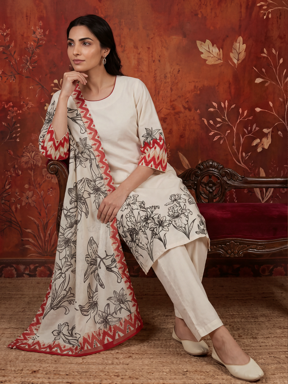 Women Off White Cambric Floral Kurta Comfort Pant Dupatta