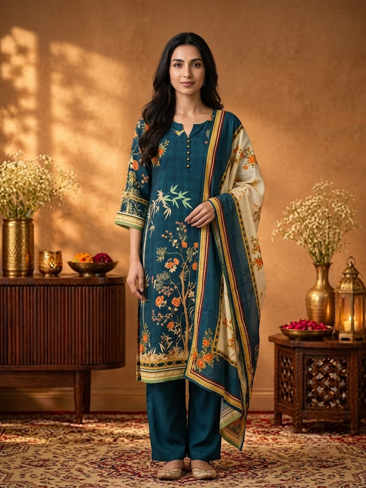 Women Dark Blue Rayon Floral Kurta Comfort Pant Dupatta
