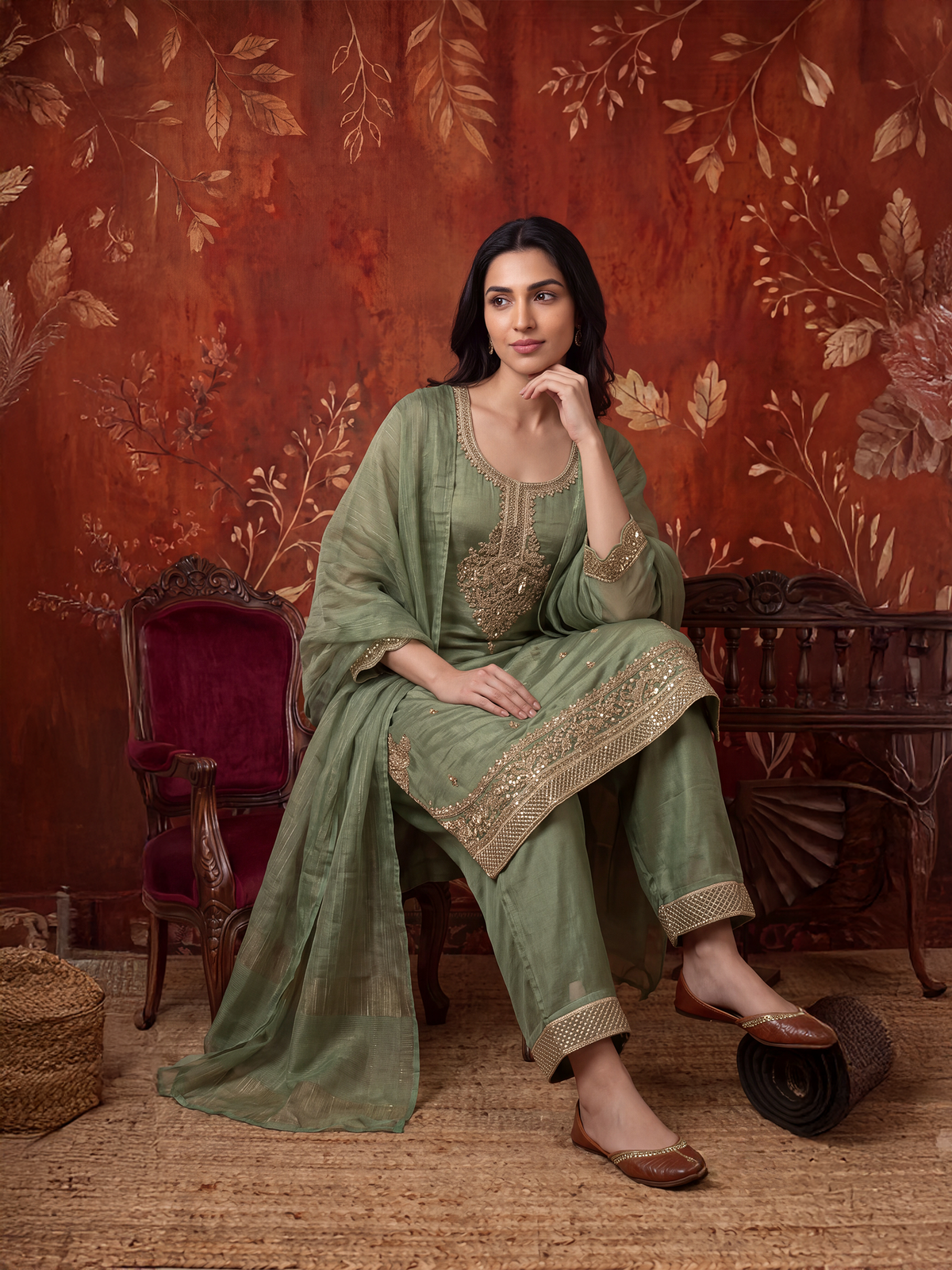 Women Olive Poly Viscose Tissue Embroidered Kurta Palazzo Dupatta