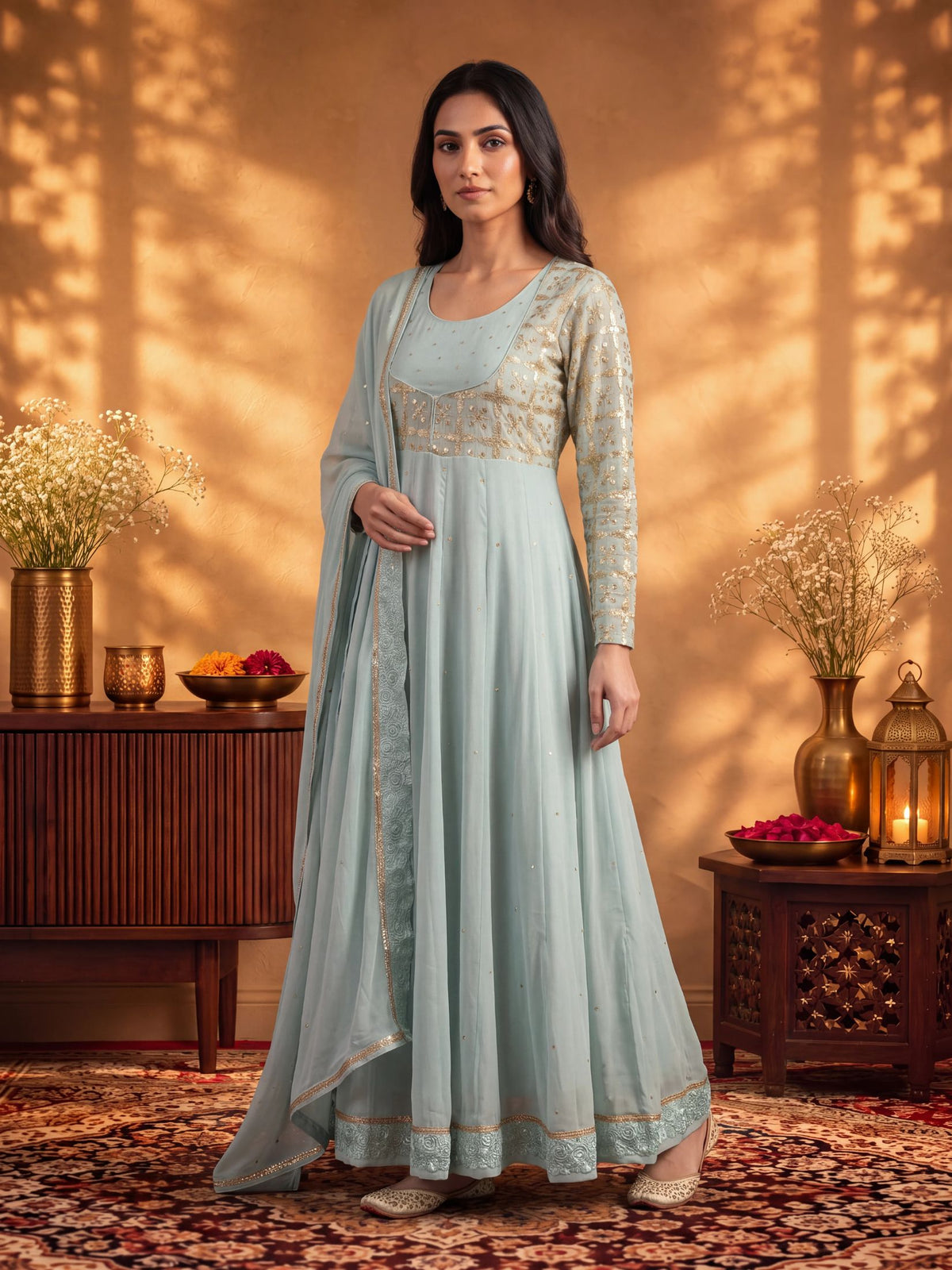 Women Ice Blue Georgette Embroidered Dress With Dupatta