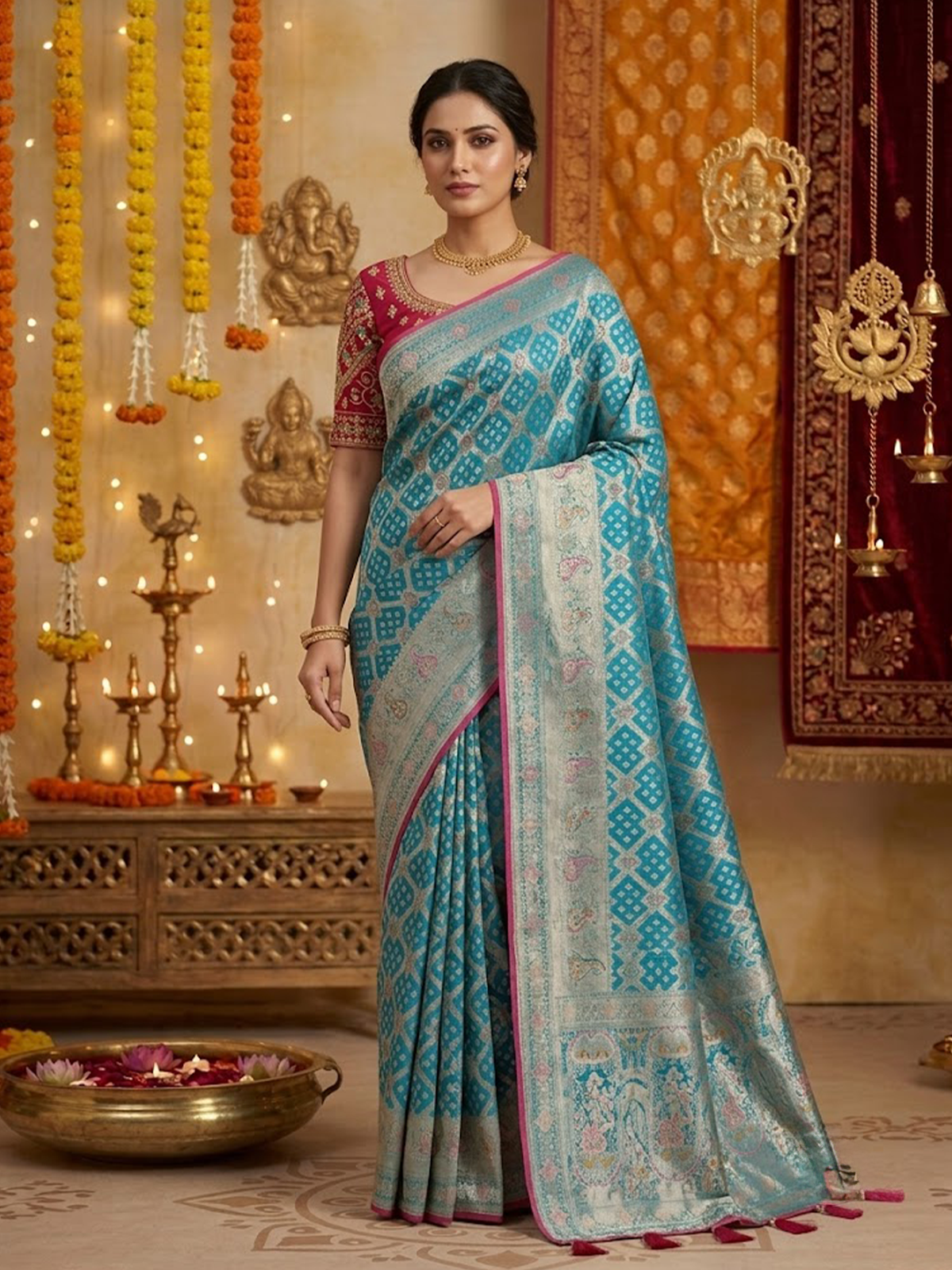 Women Turquoise And Pink Viscose Saree With Stitch Blouse