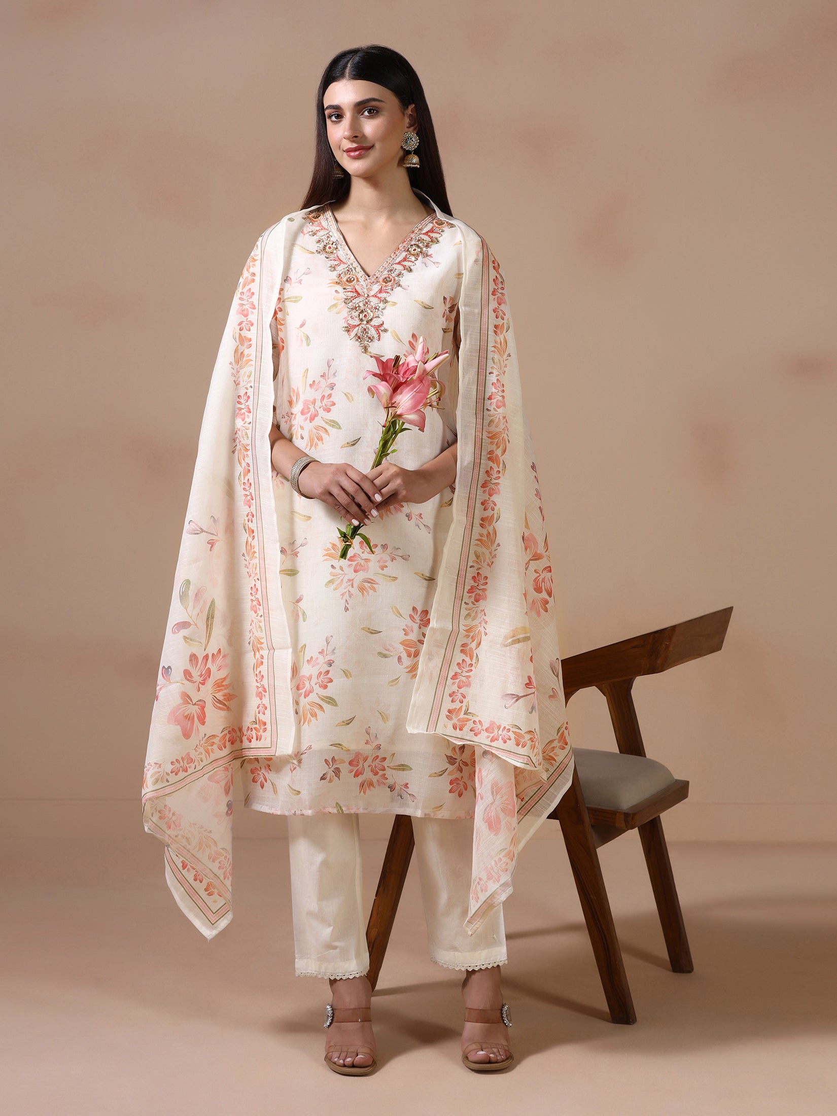 Women Poly Viscose Off White Embroidered Kurta Trouser Dupatta