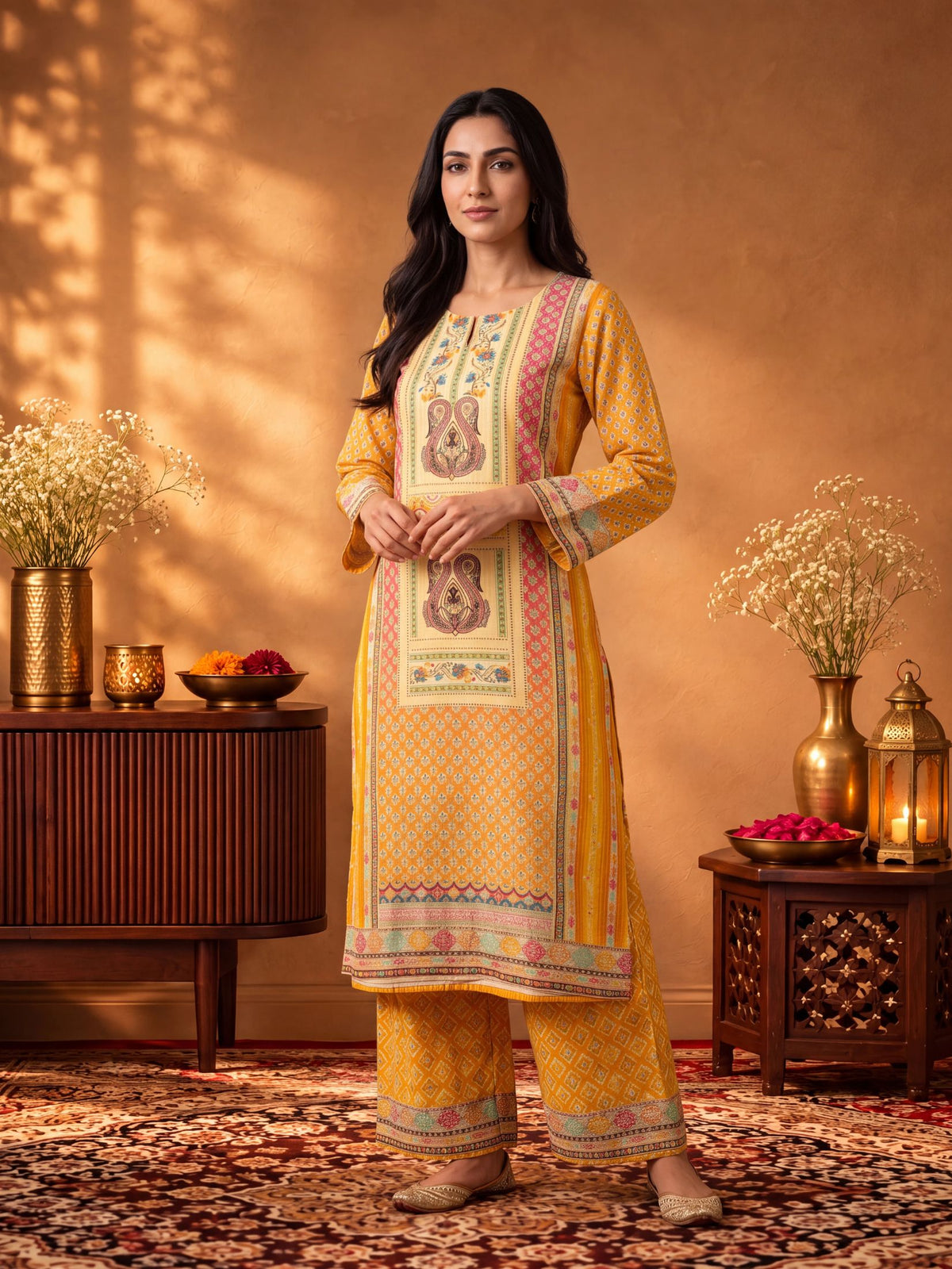 Women Coral Red Burlin Floral Kurta Comfort Pant Dupatta