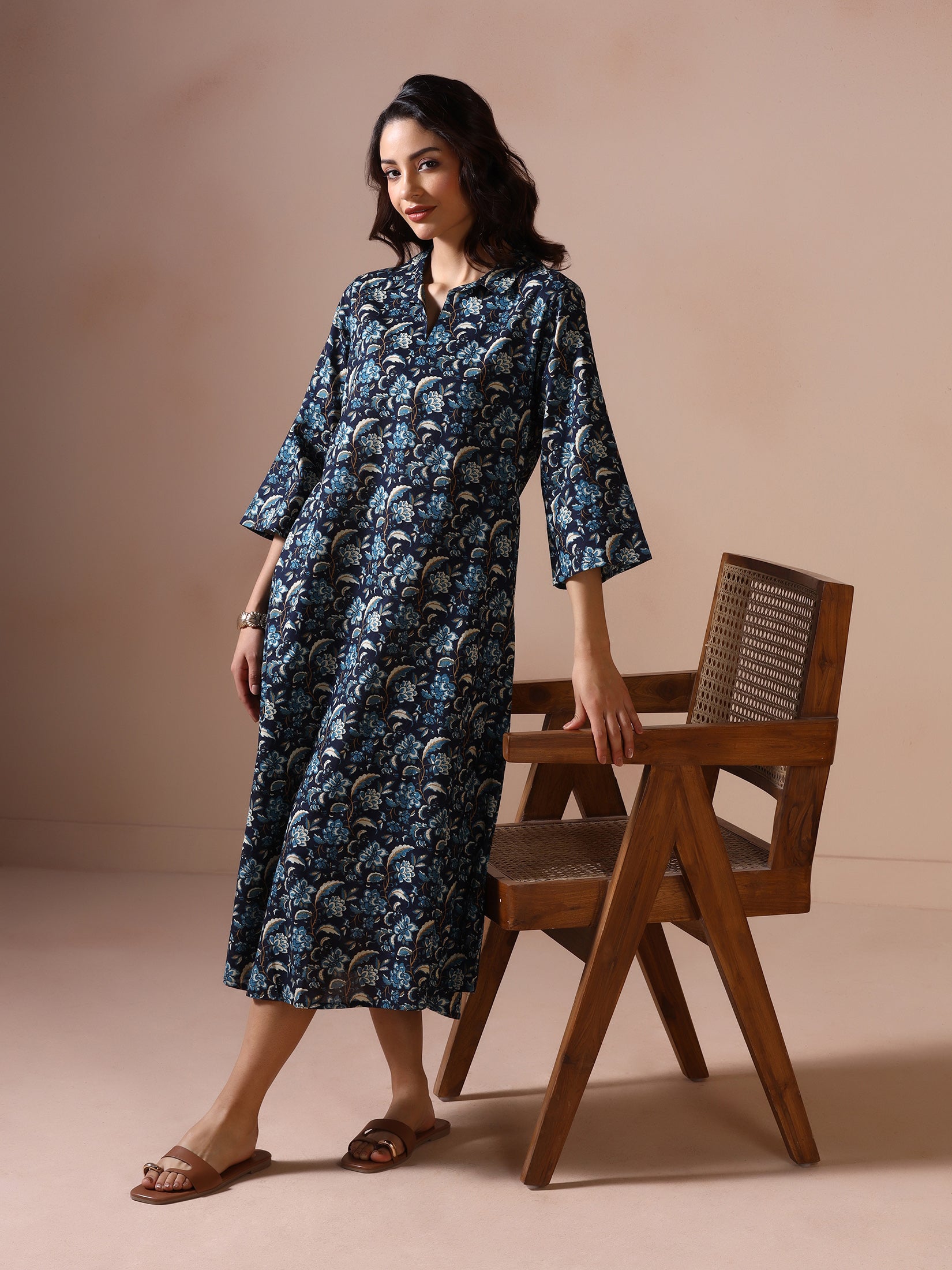 Women Cotton Indigo Blue Printed Dress