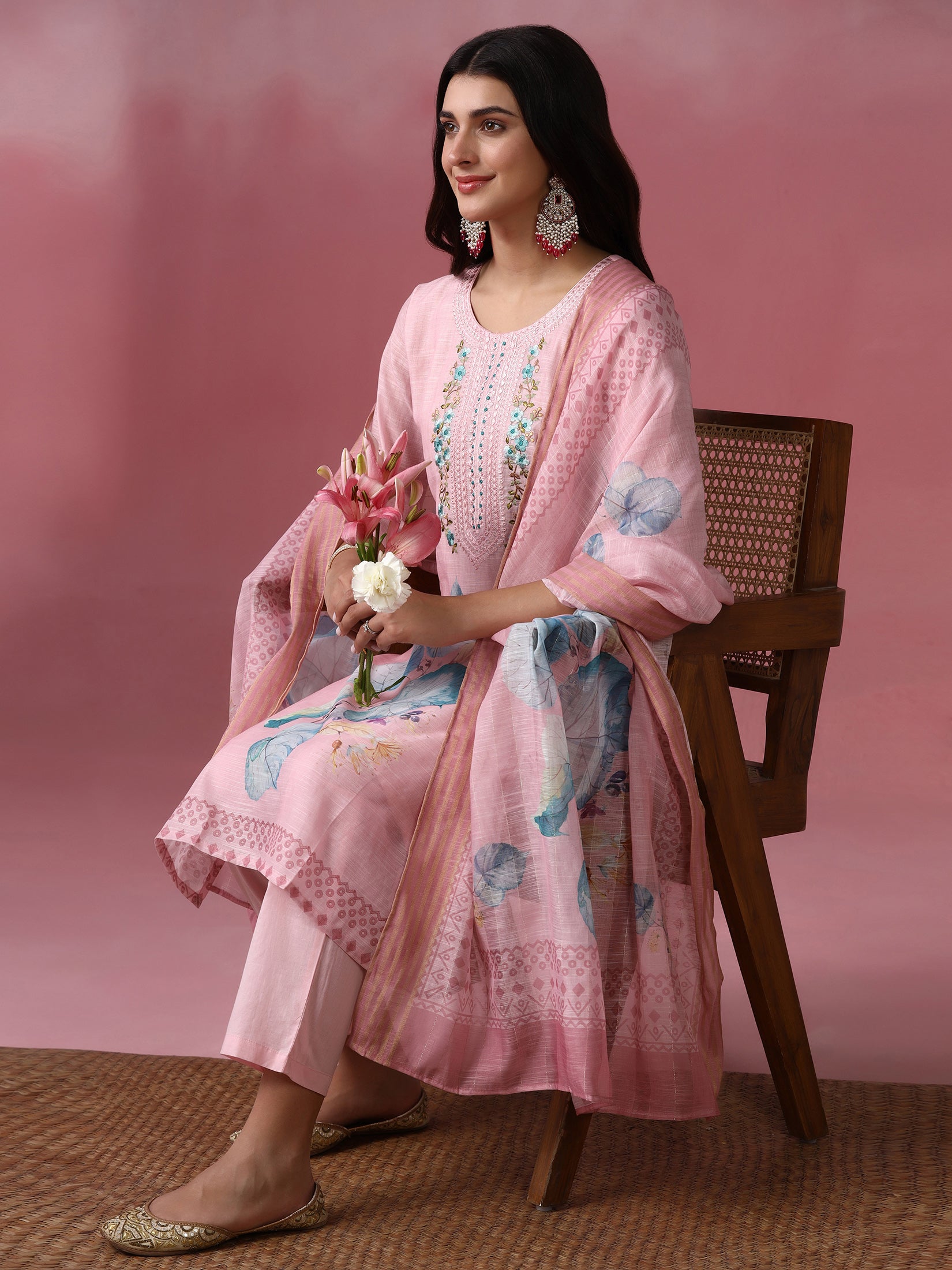 Women Viscose Pink Embroidered Kurta Trouser Pant Dupatta