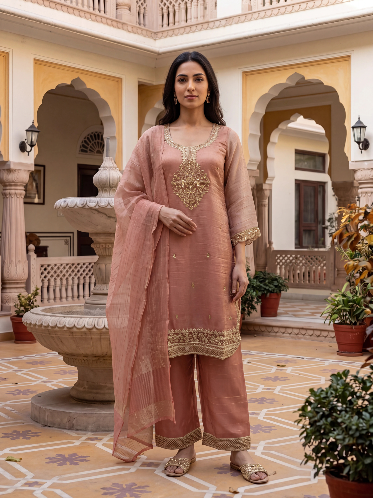 Women Peach Poly Viscose Tissue Floral Embrodery  Kurta Palazzo Dupatta