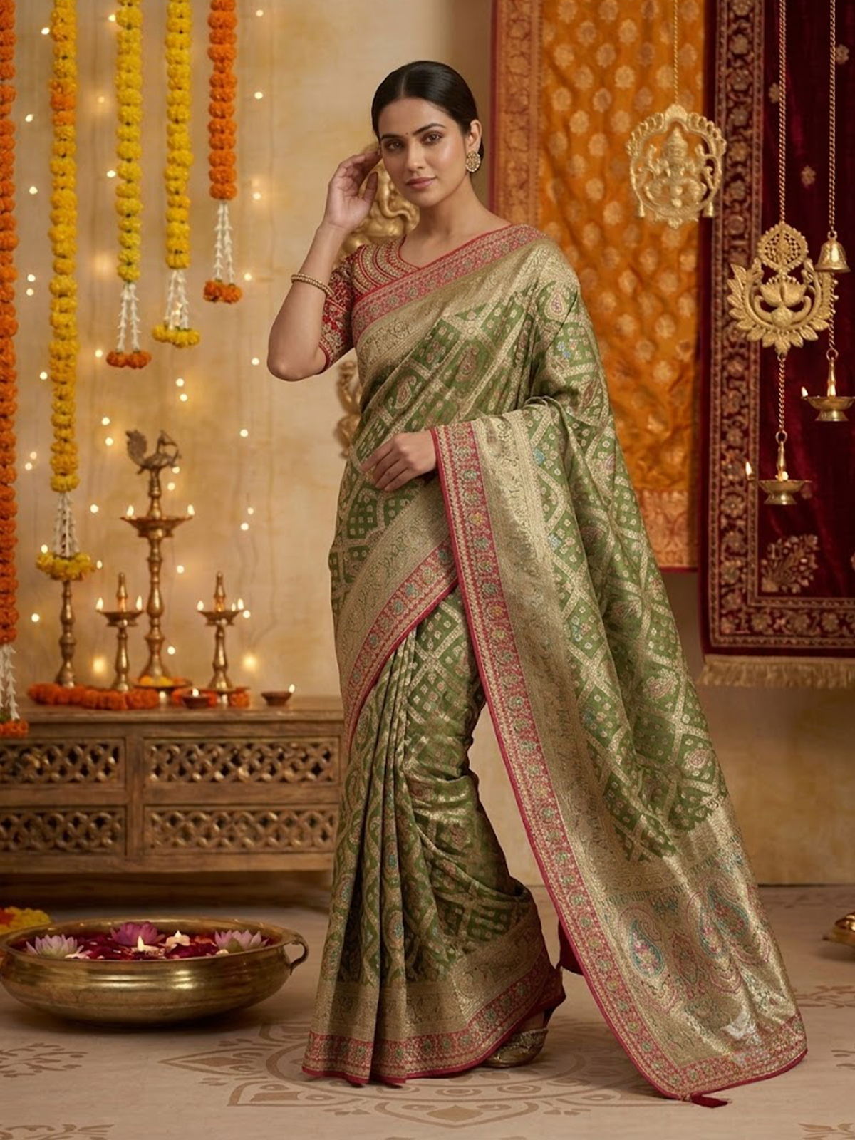 Women Viscose Olive And Red Saree With Stitch Blouse