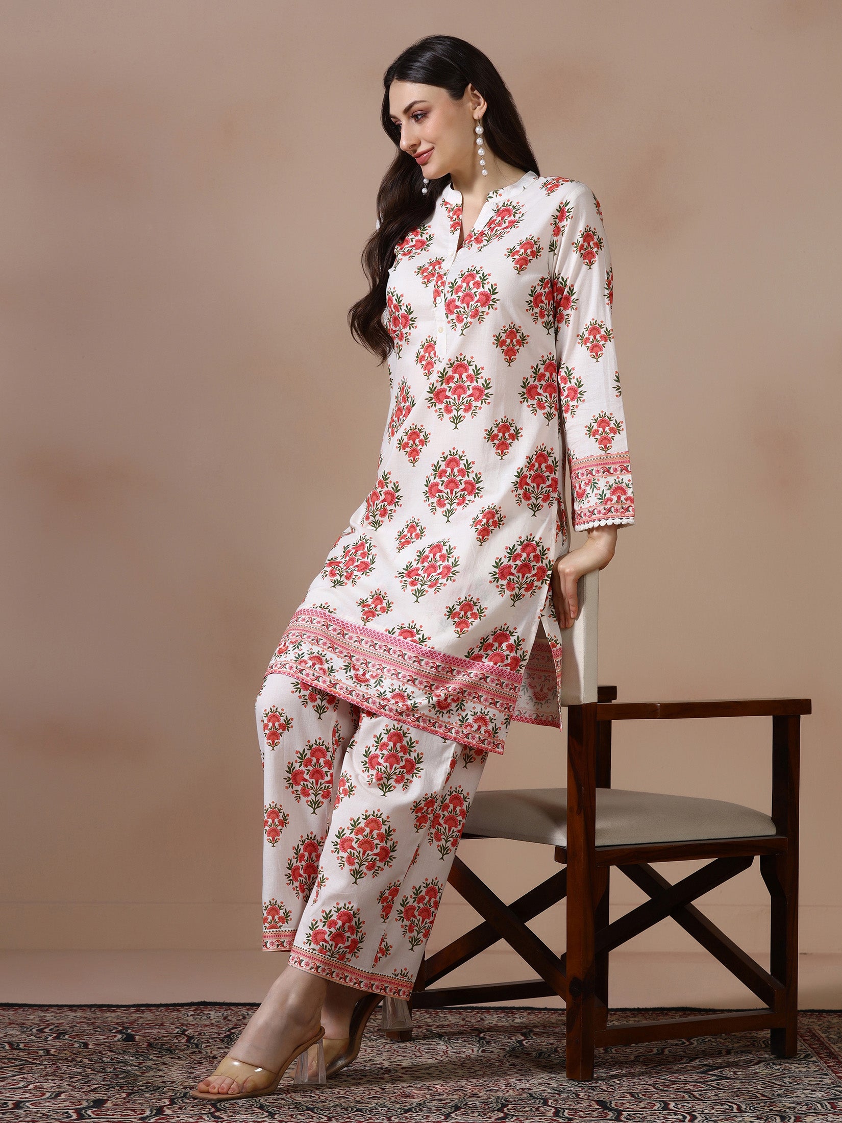 Women Cotton Off White and Peach Printed Co Ord Set