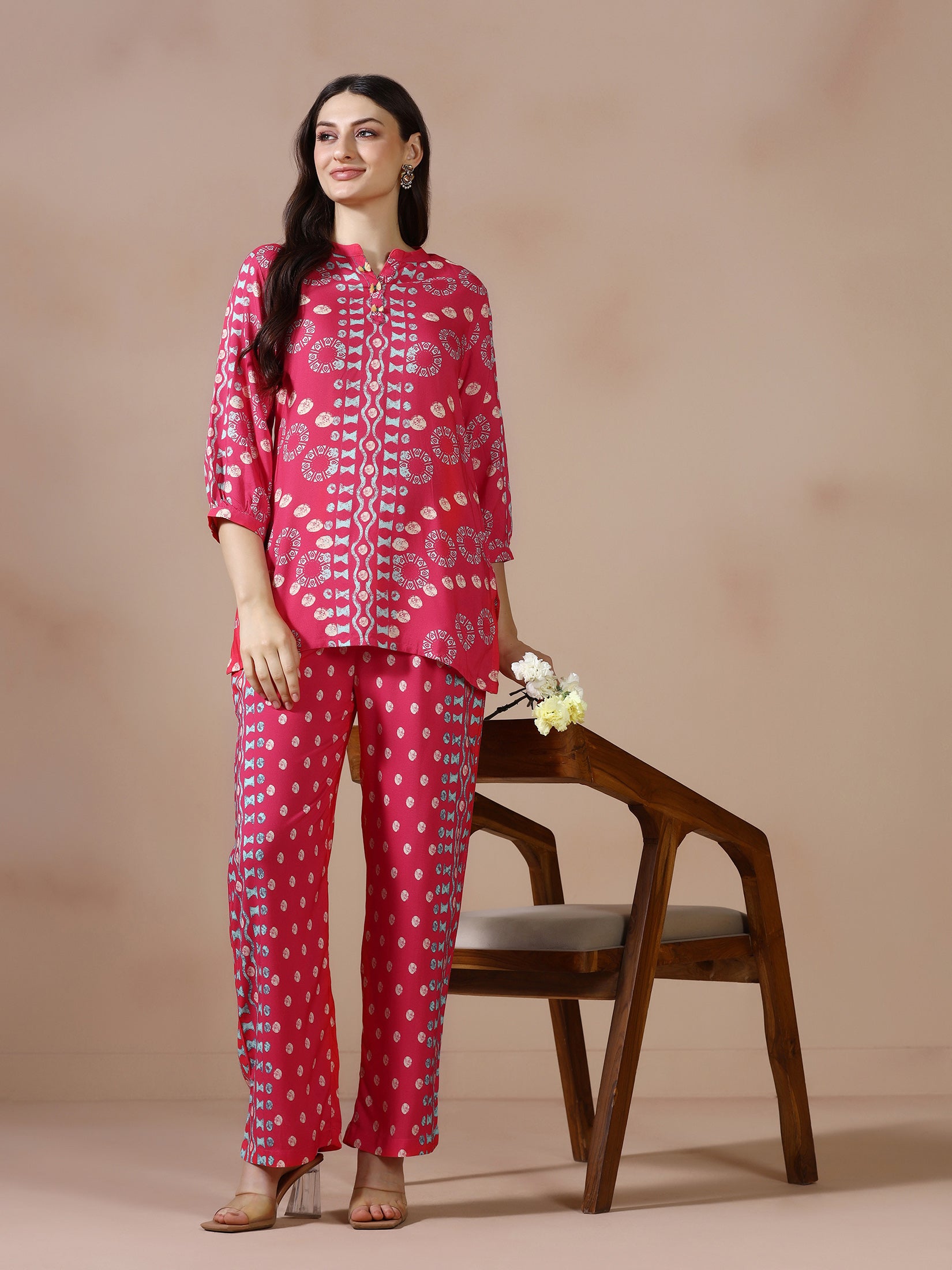 Women Liva Pink Geometric Print Co Ord Set