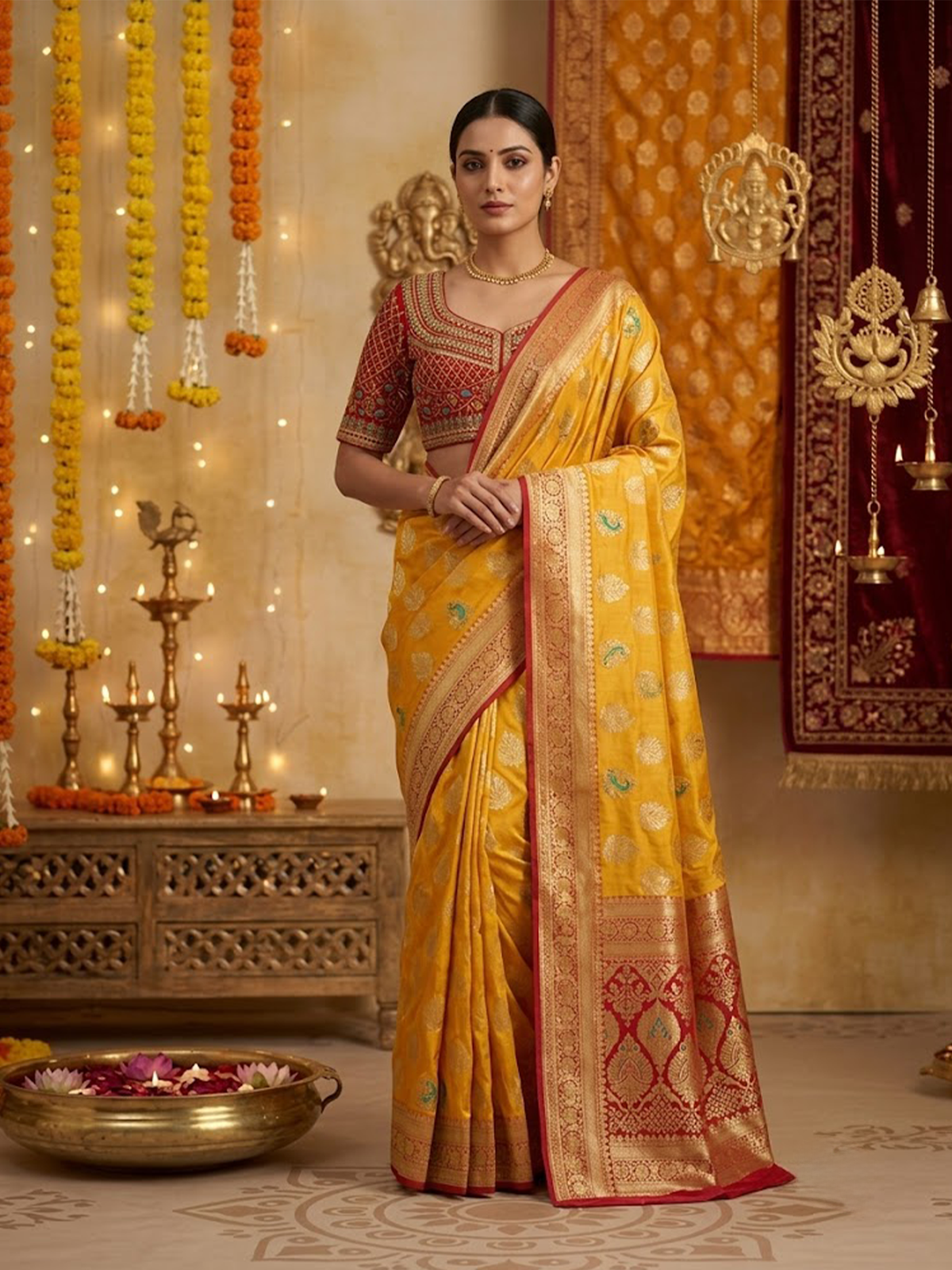 Women Viscose Yellow And Red Saree With Stitch Blouse
