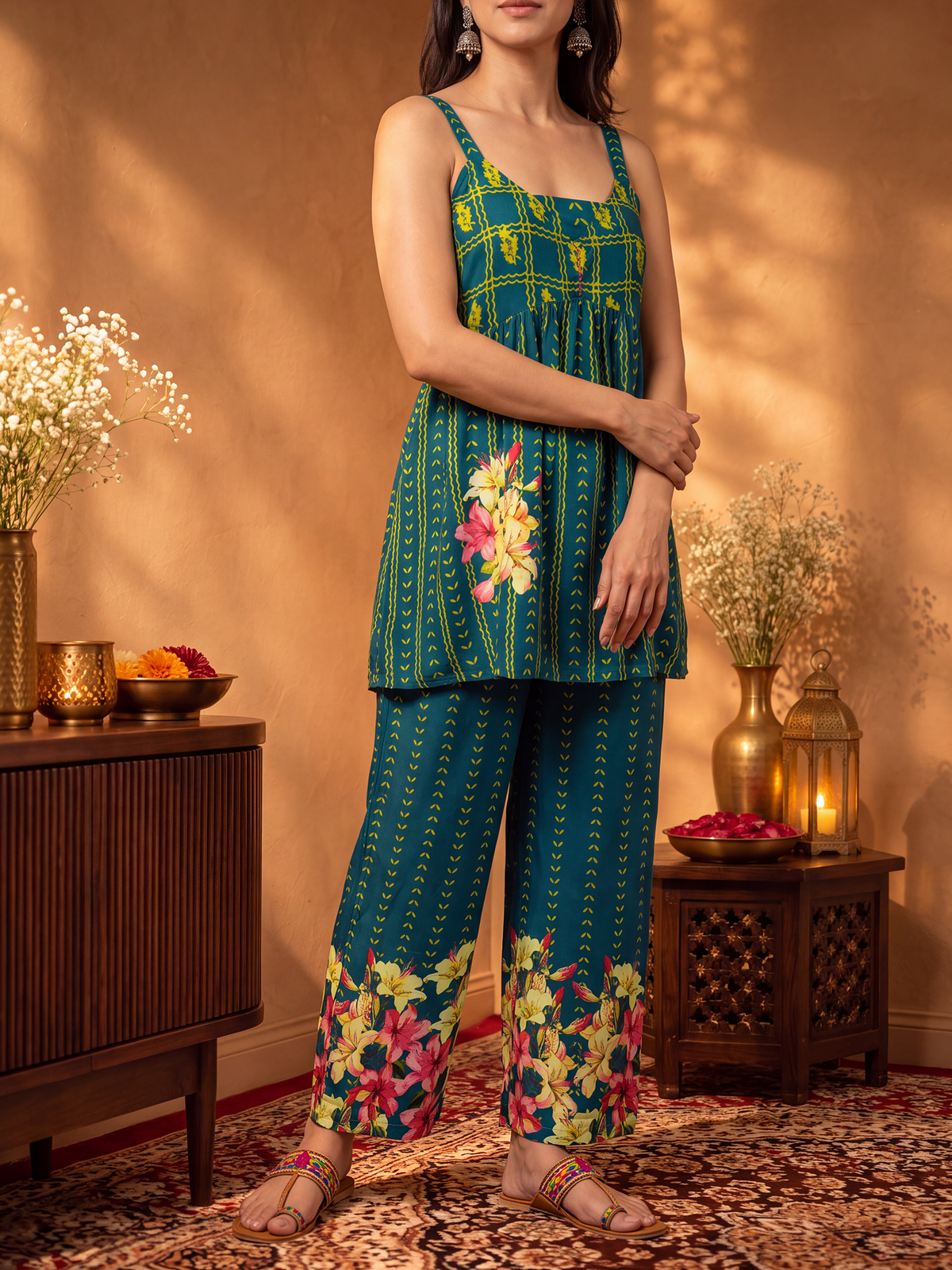Women Teal Green Rayon Floral Co-Ord Set