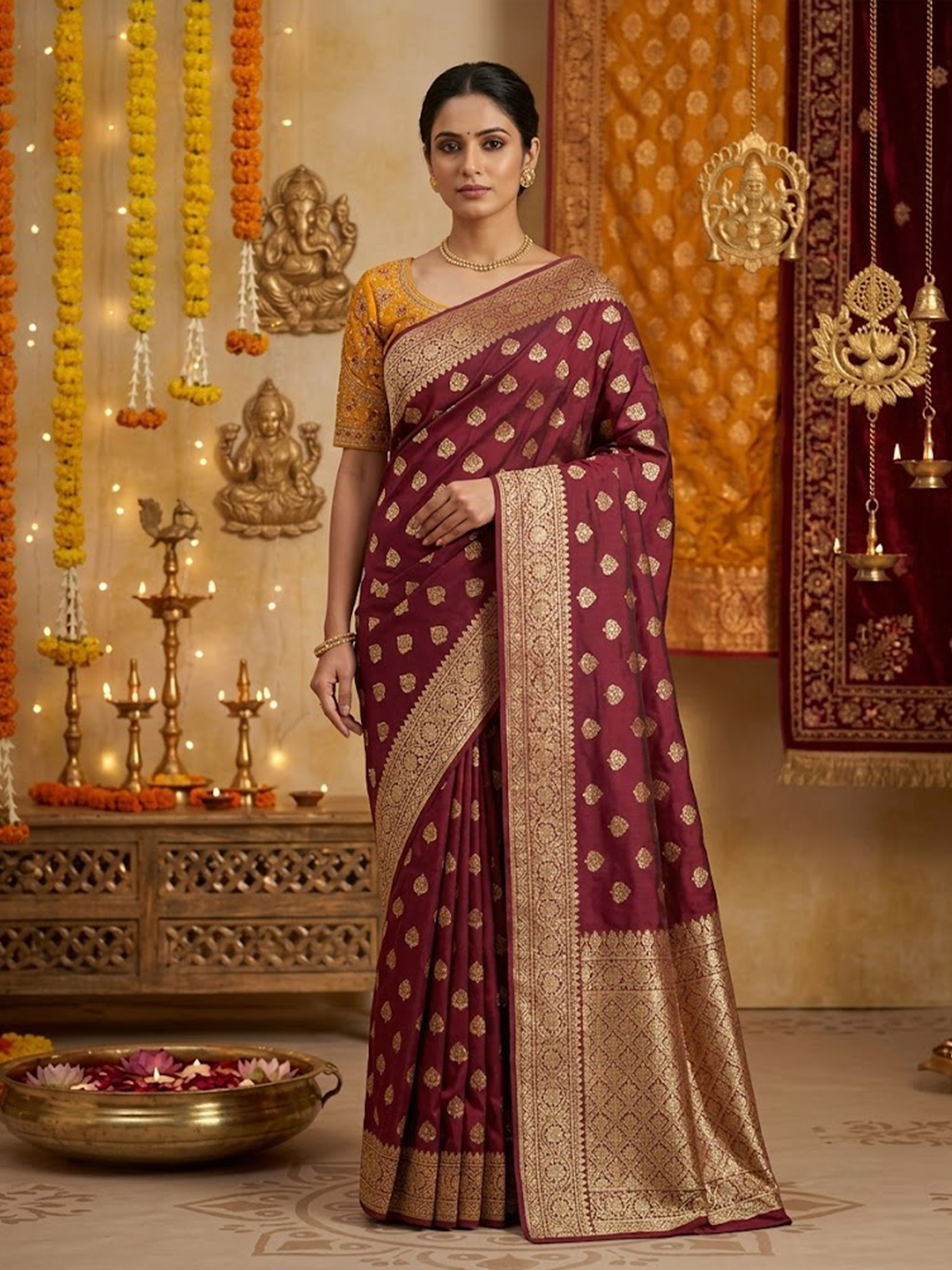 Women Plum And Yellow Viscose Saree With Stitch Blouse