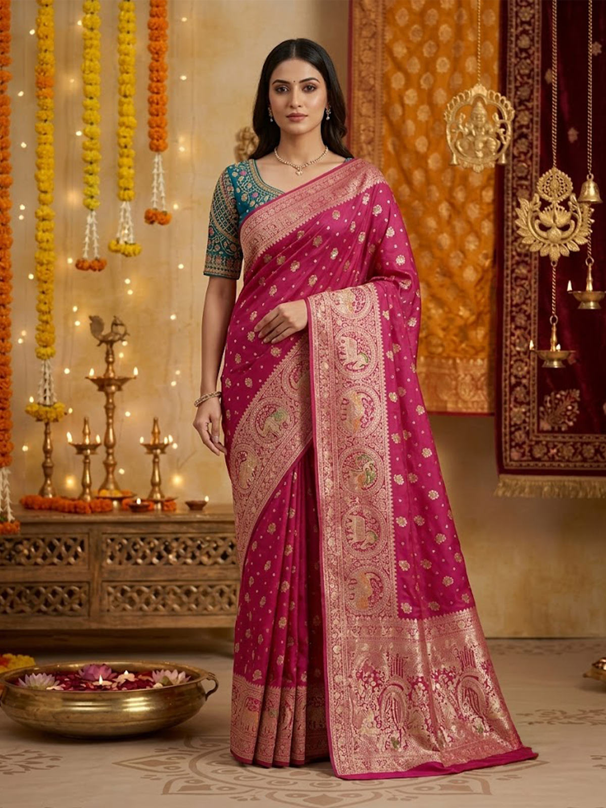 Women Pink And Green Viscose Saree With Stitch Blouse