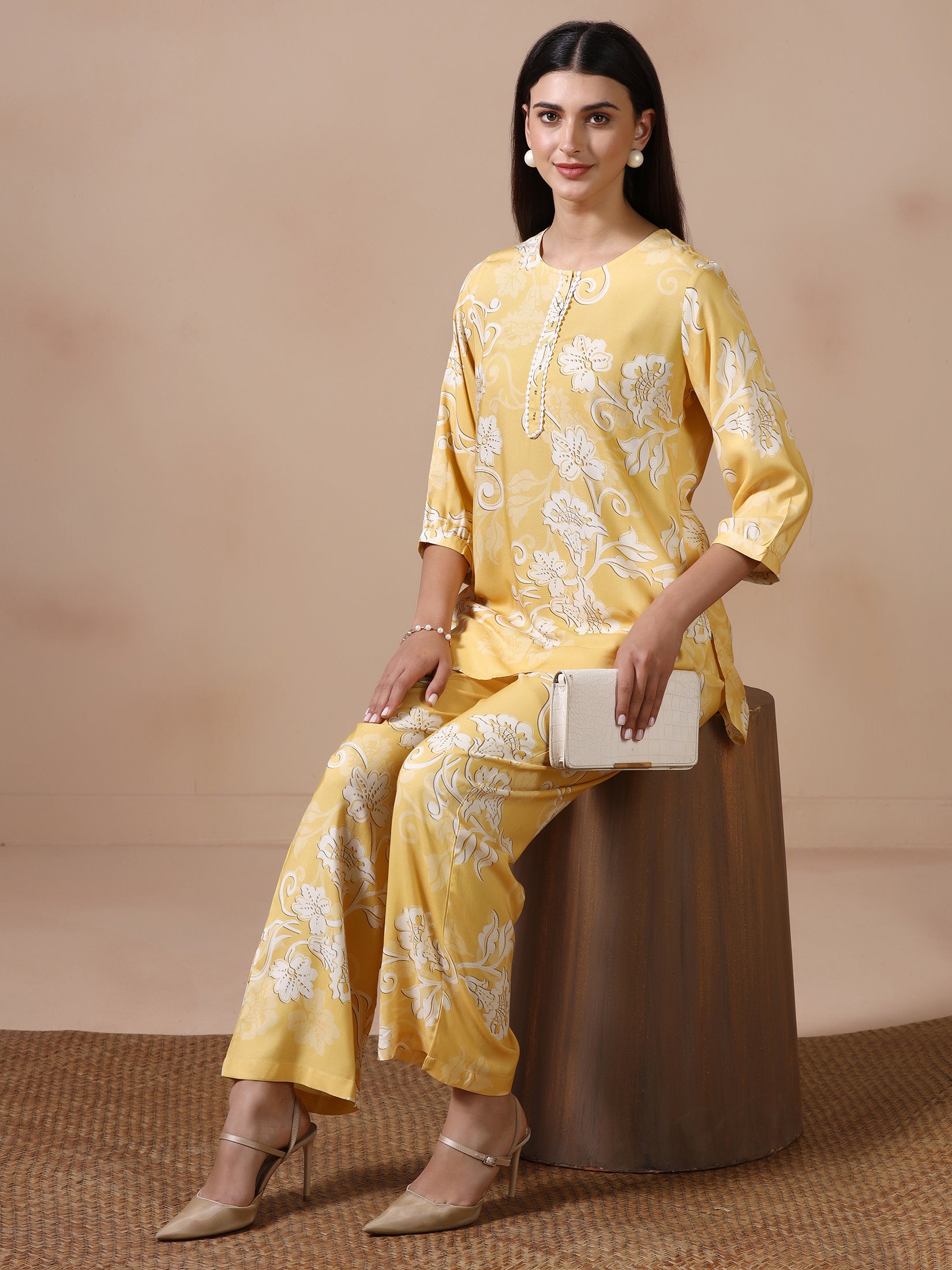 Women Liva Yellow Floral Print Co Ord Set