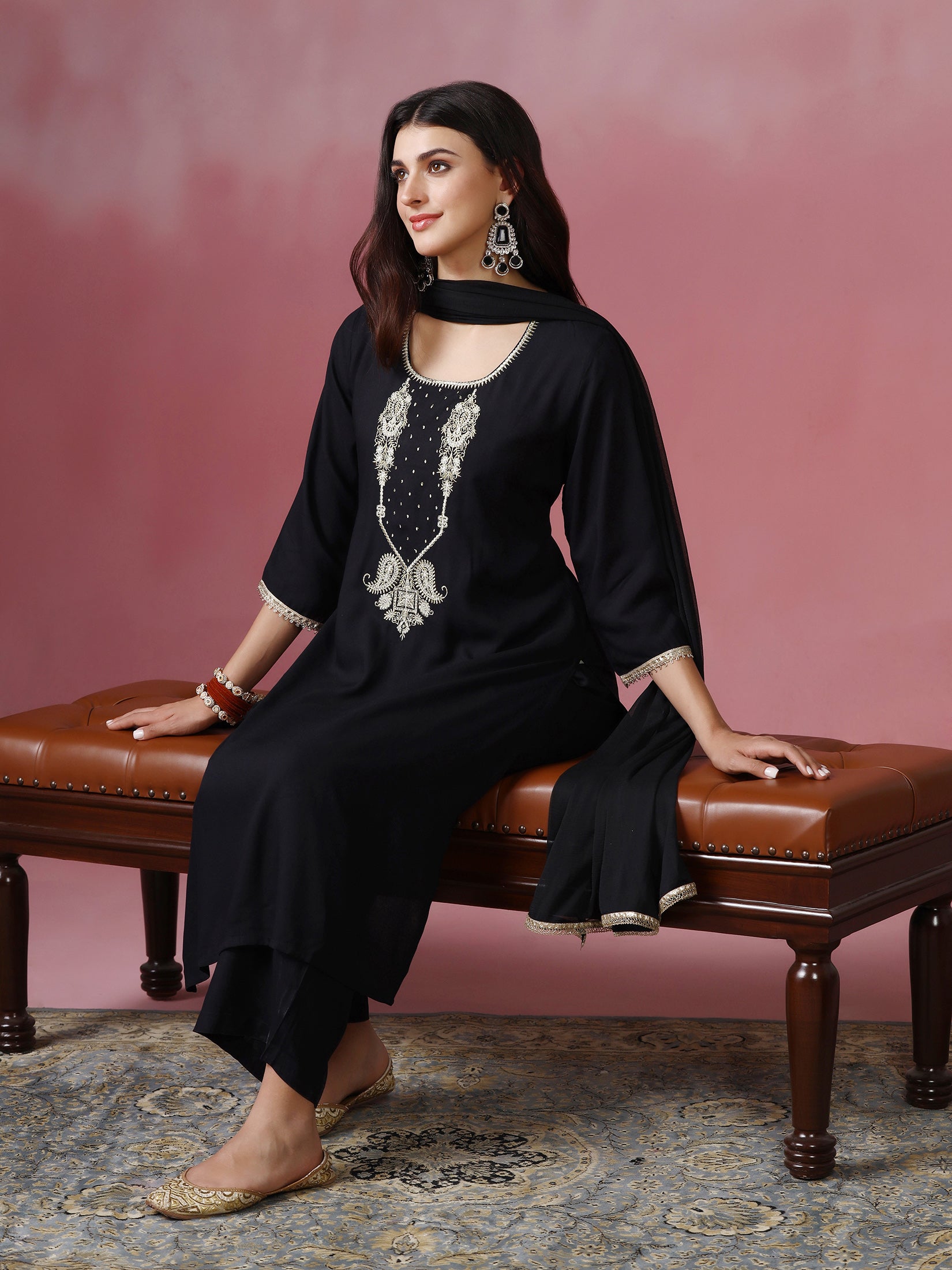 Women Liva Black Embroidered Kurta Comfort Pant Dupatta