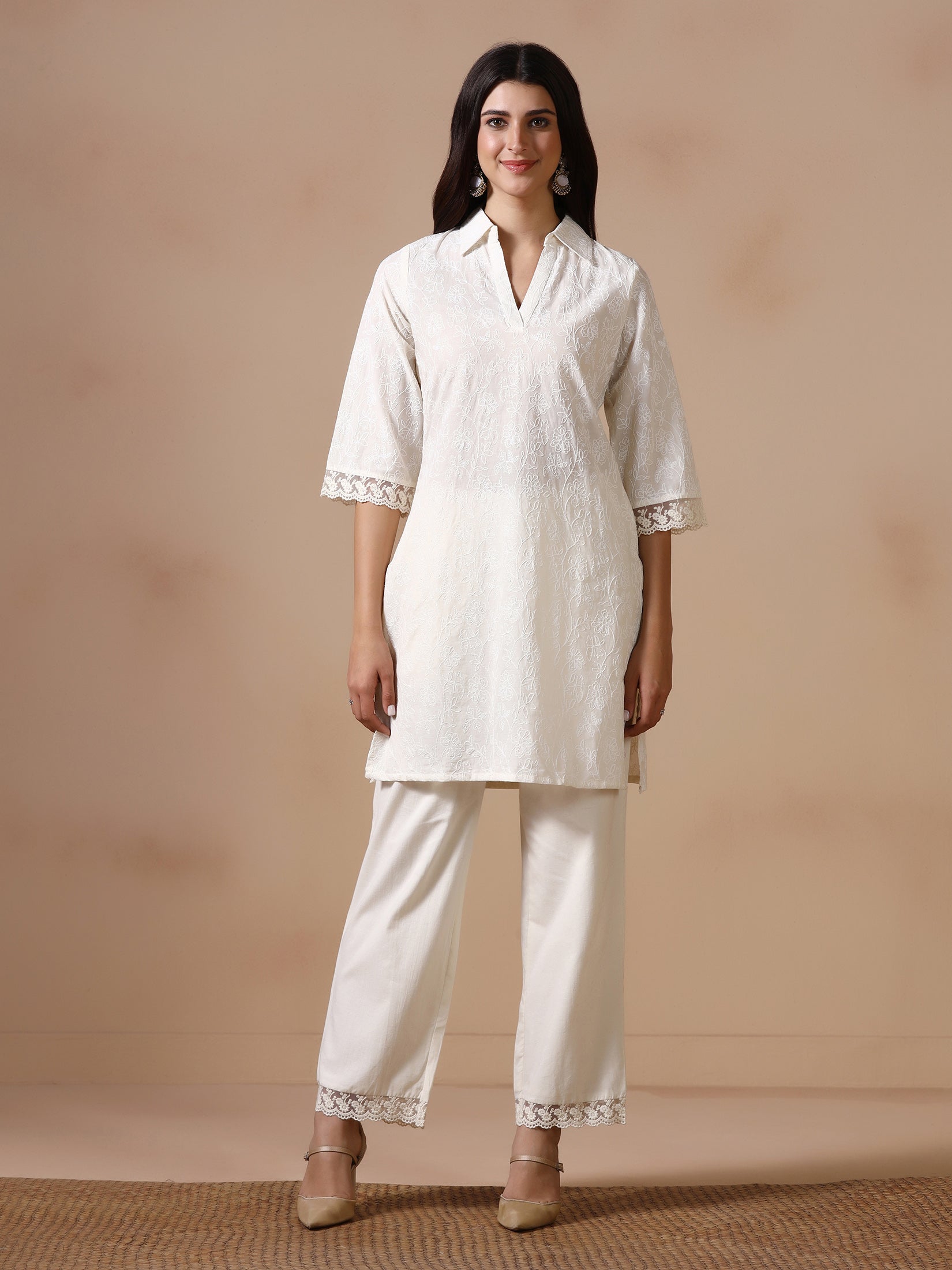 Women Cotton Off White Embroidered Co Ord Set
