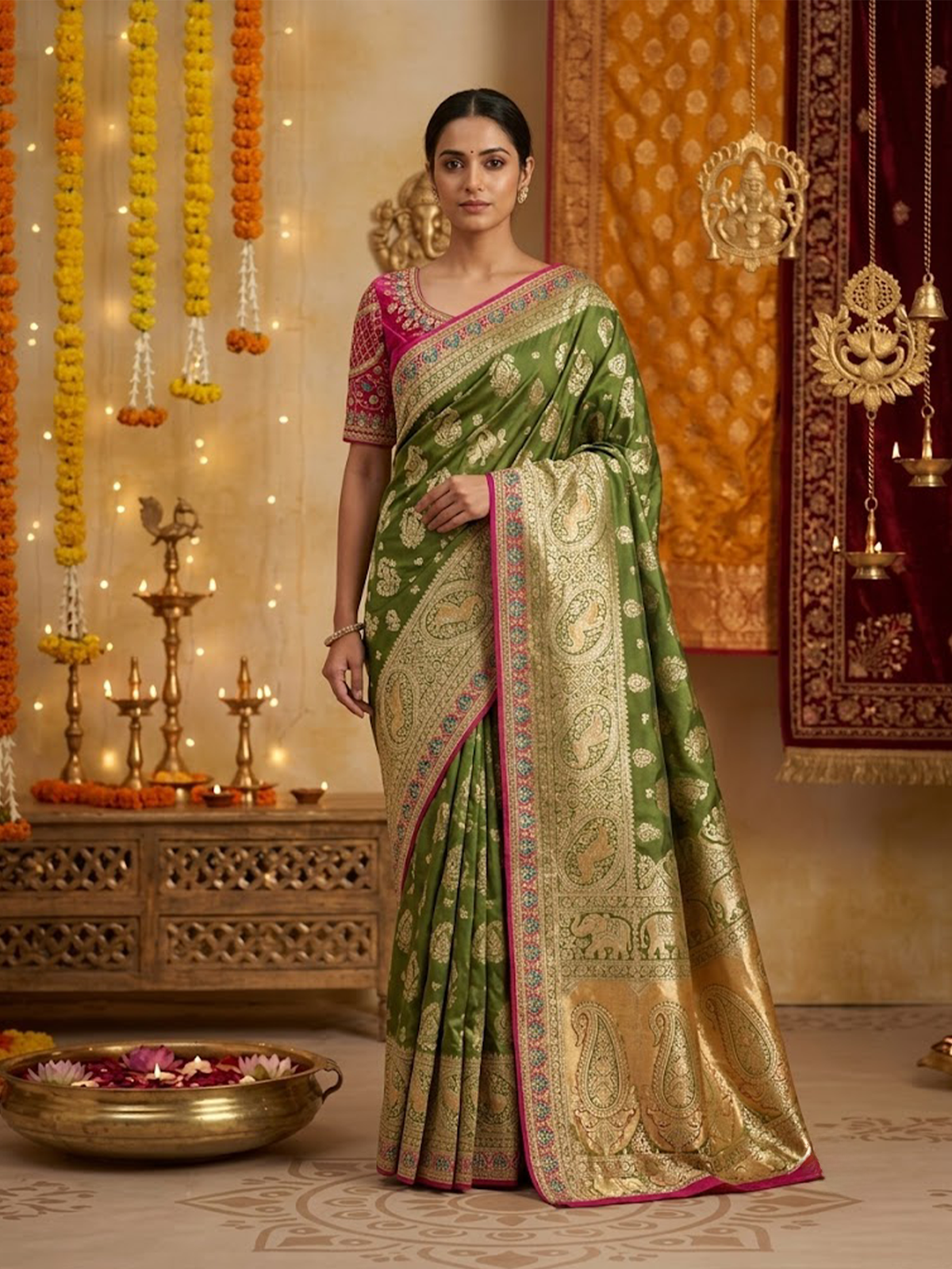 Women Olive and Red Viscose Saree With Stitch Blouse