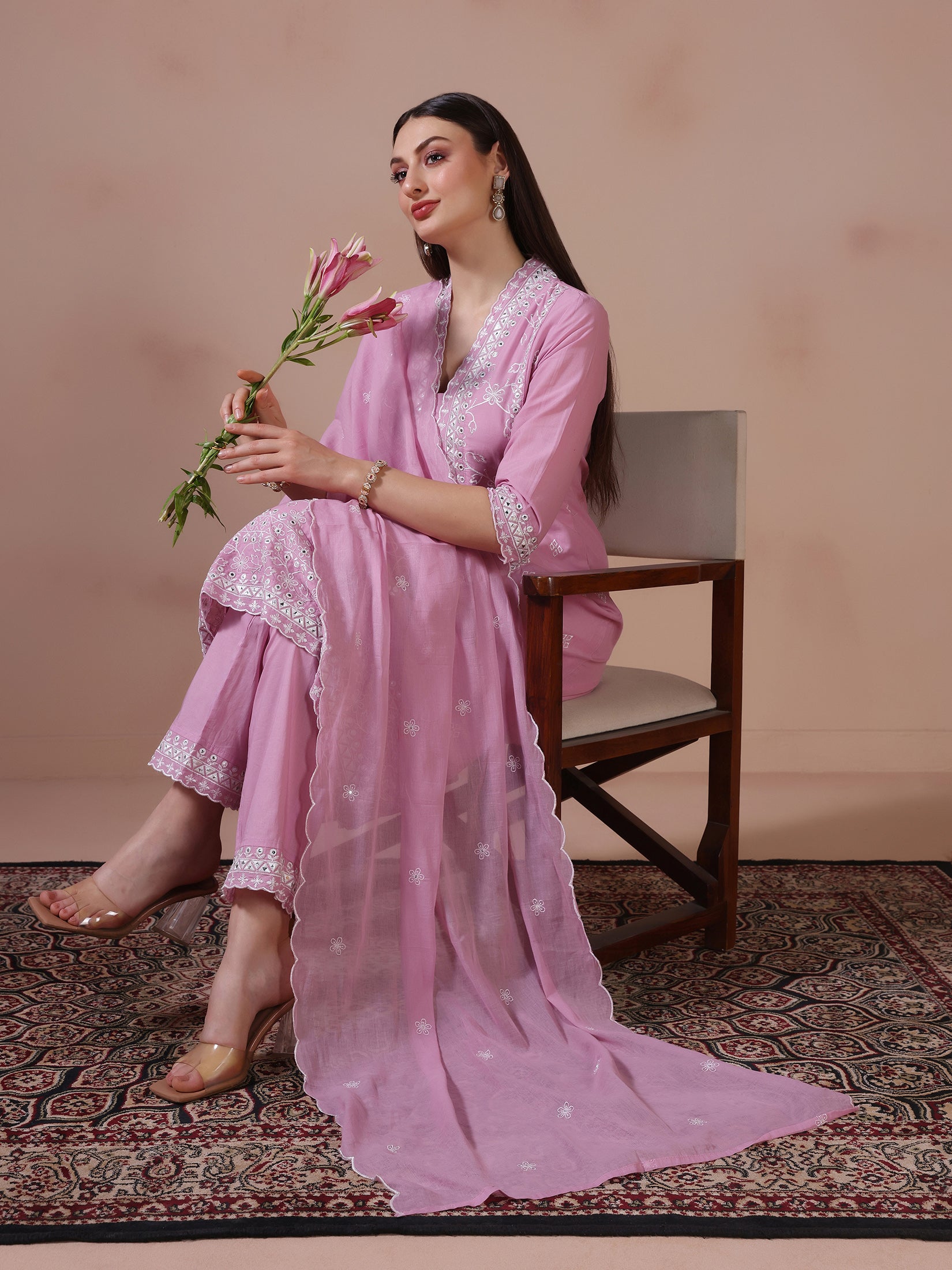 Women Cotton Lilac Embroidered Kurta Trouser Dupatta