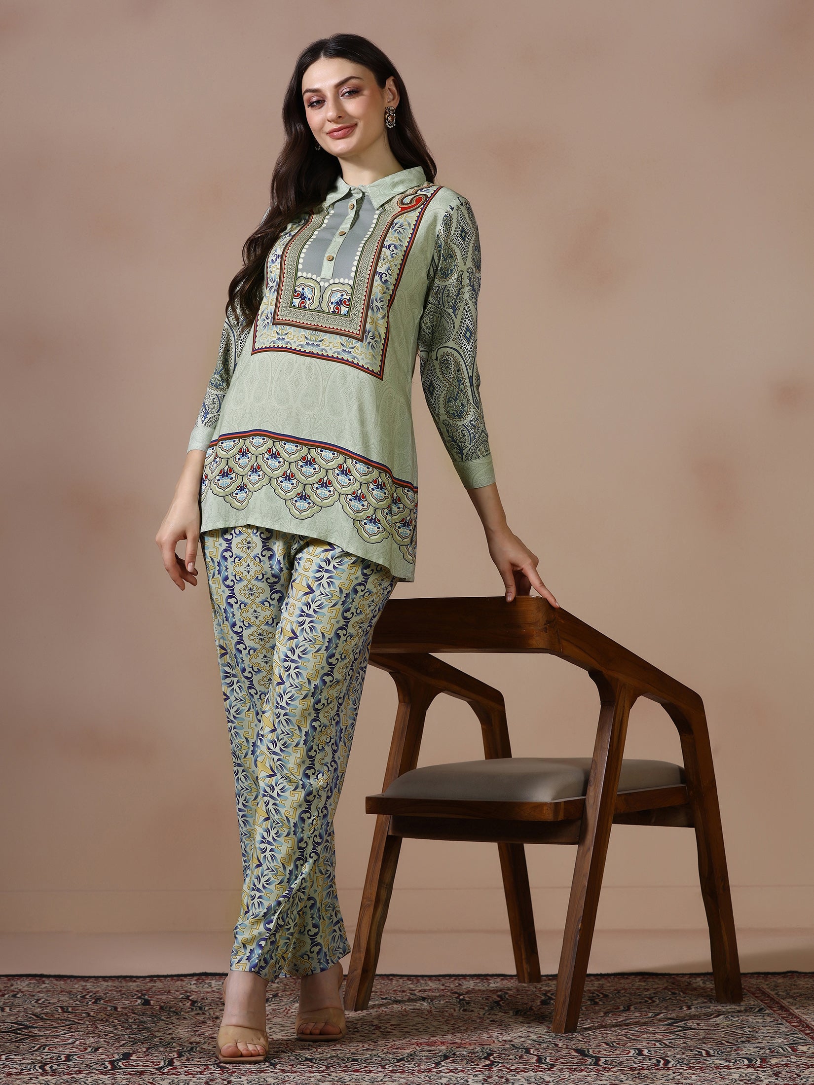Women Liva Green Printed Co Ord Set