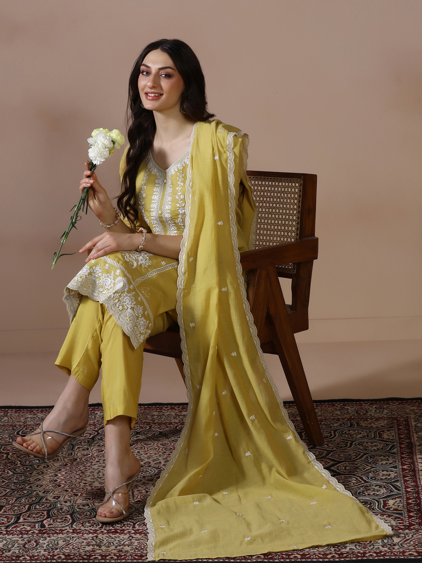 Women Mul Chanderi Mustard Embroidered Kurta Comfort Pant Dupatta