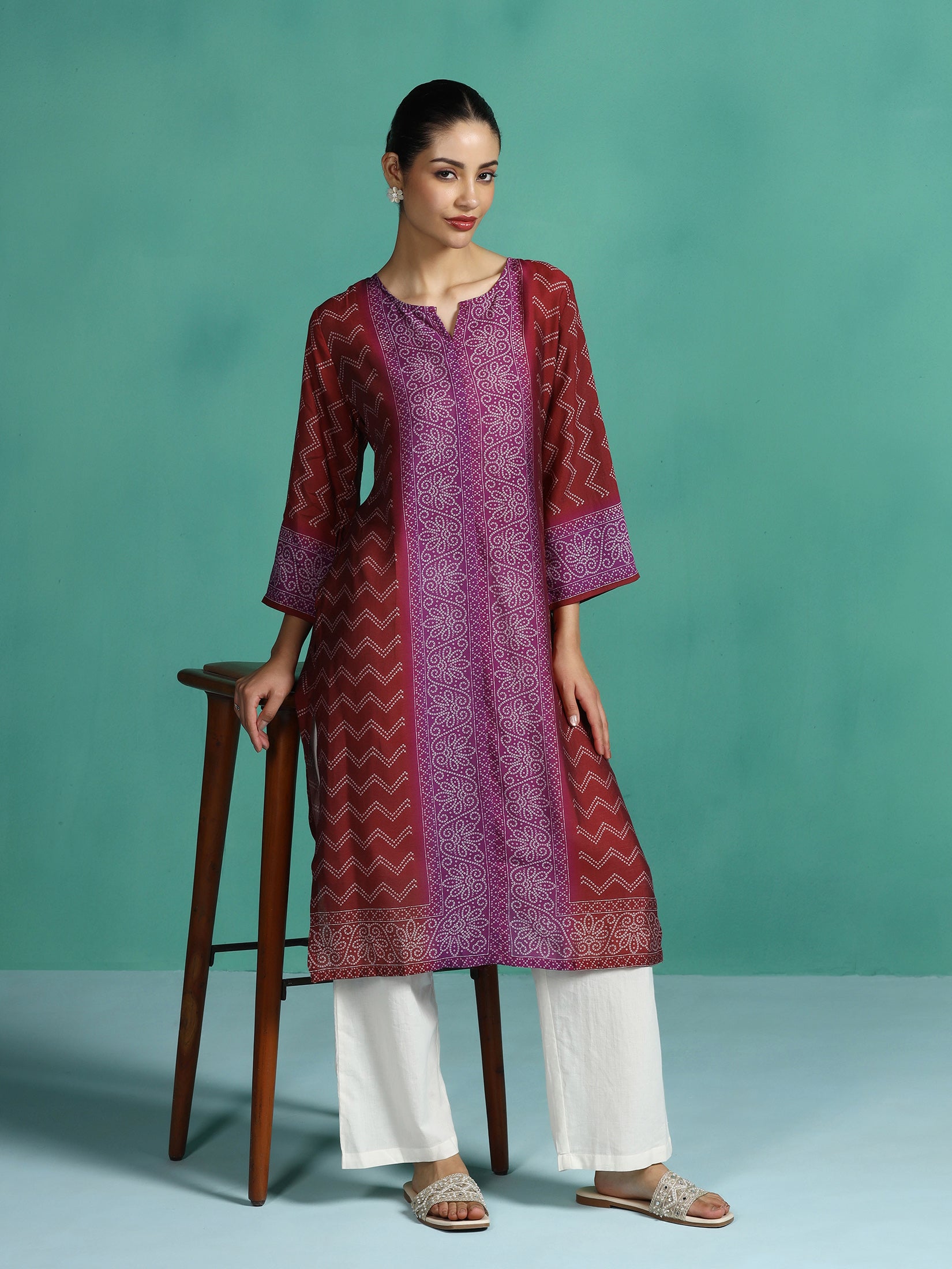 Women Chanderi Purple Printed Kurta