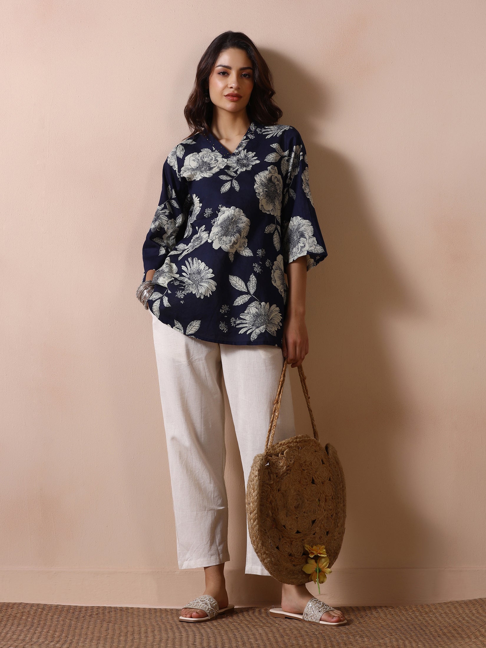 Women Navy Blue Cotton Printed Tunic