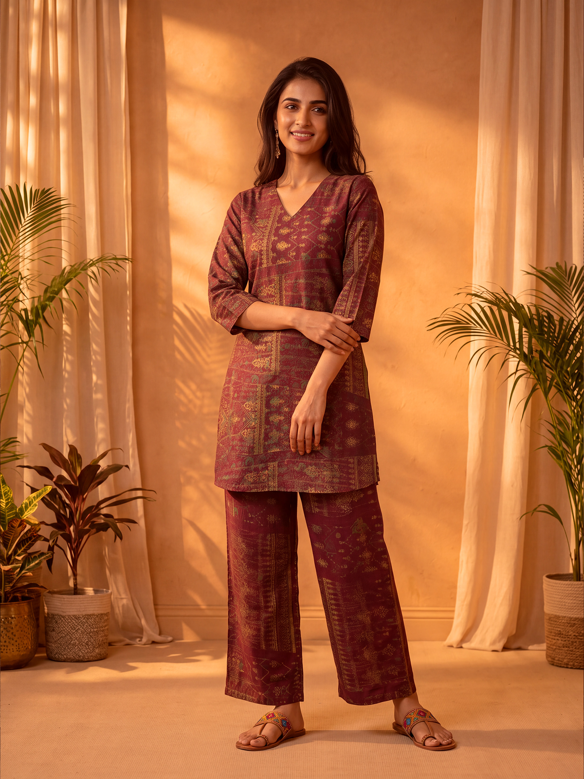 Women Burgundy Rayon Block Print Co-Ord Set