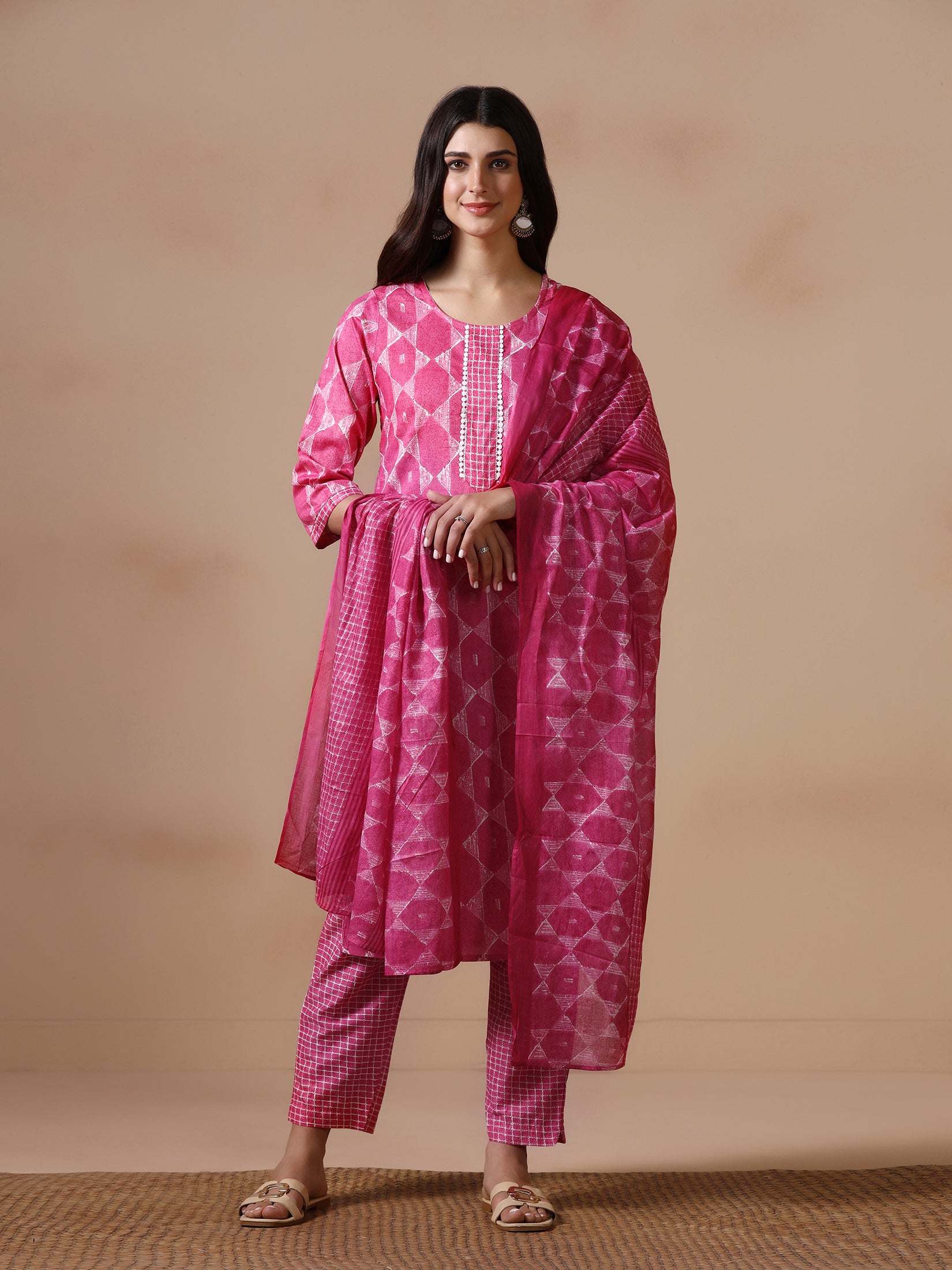 Women Cotton Fuchsia Printed Kurta Trouser Dupatta