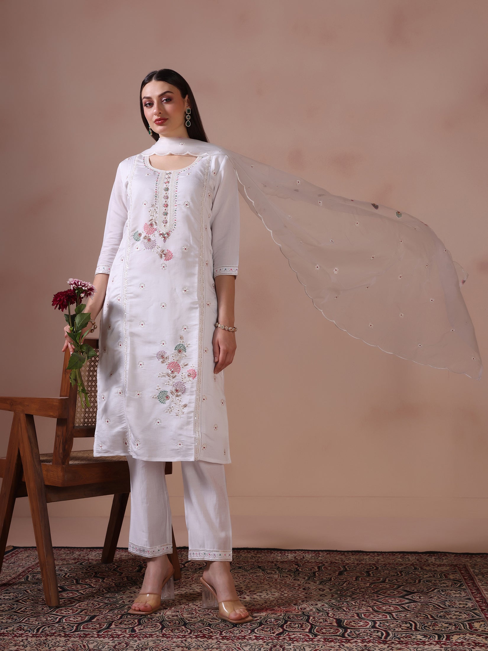 Women Mul Chanderi White Embroidered Kurta Trouser Dupatta