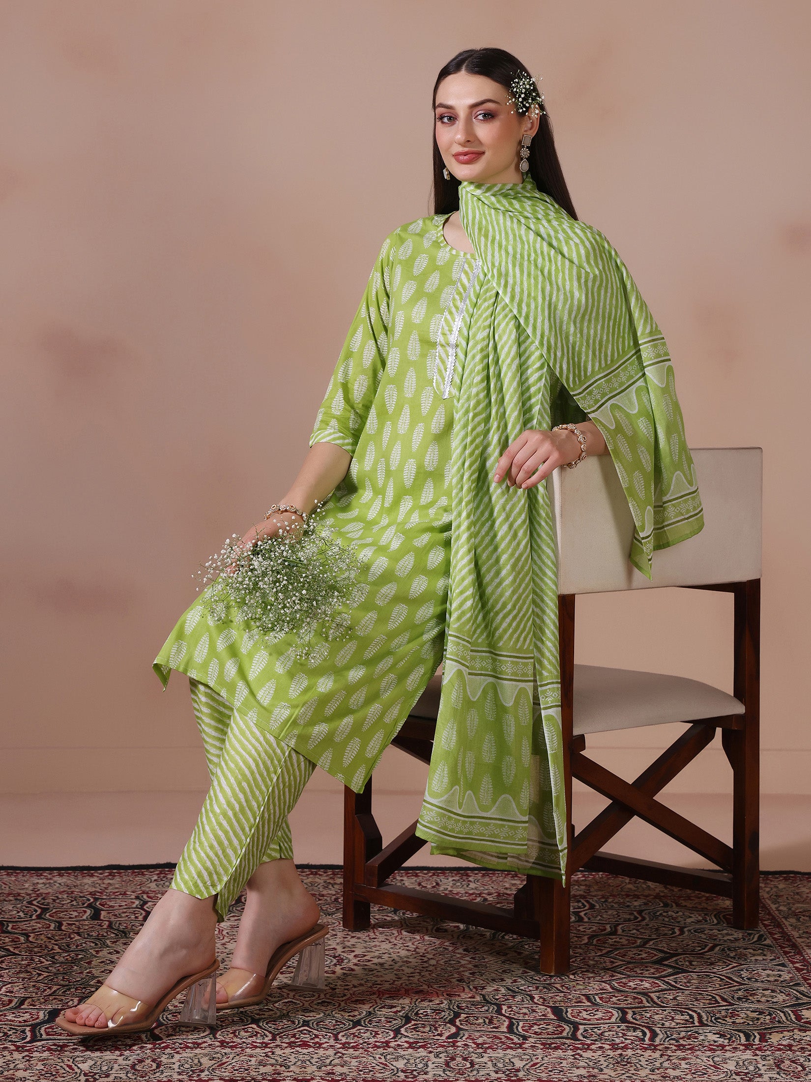 Women Cotton Green Printed Kurta Trouser With Dupatta