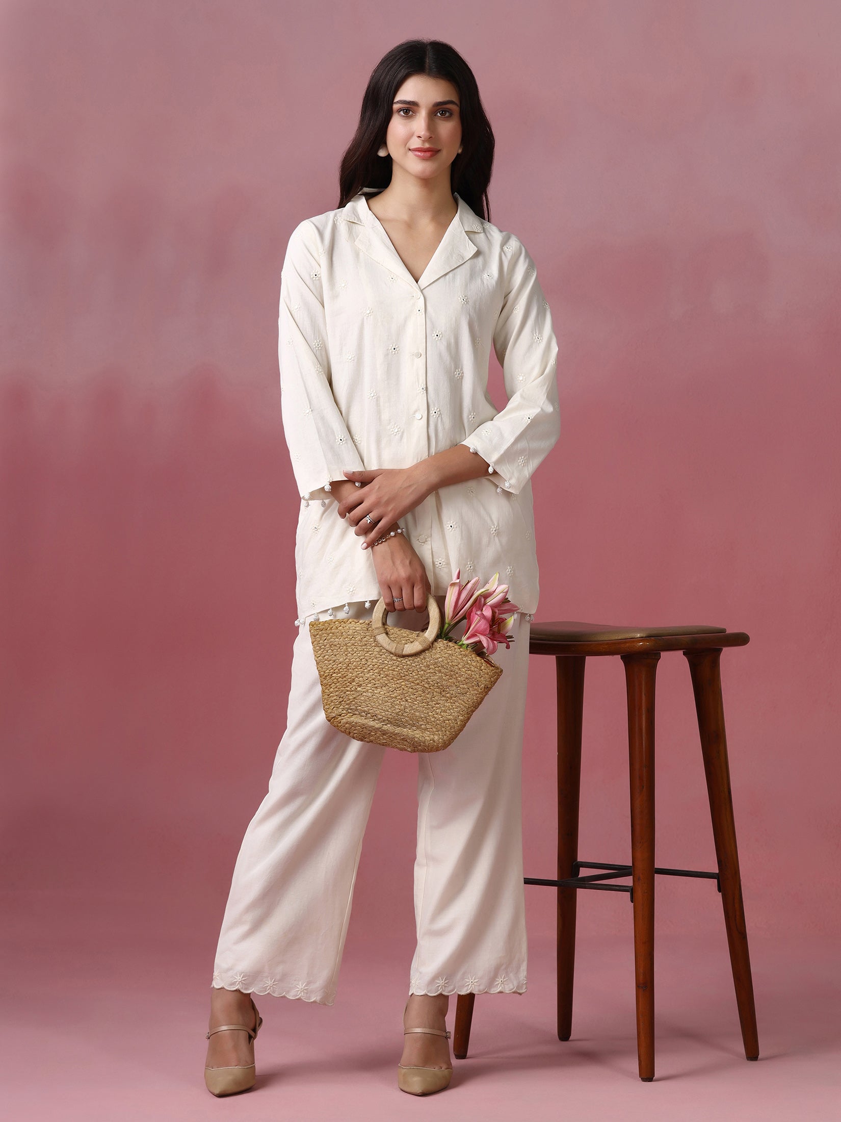 Women Cotton Off White With Embroidered Work Co Ord Set